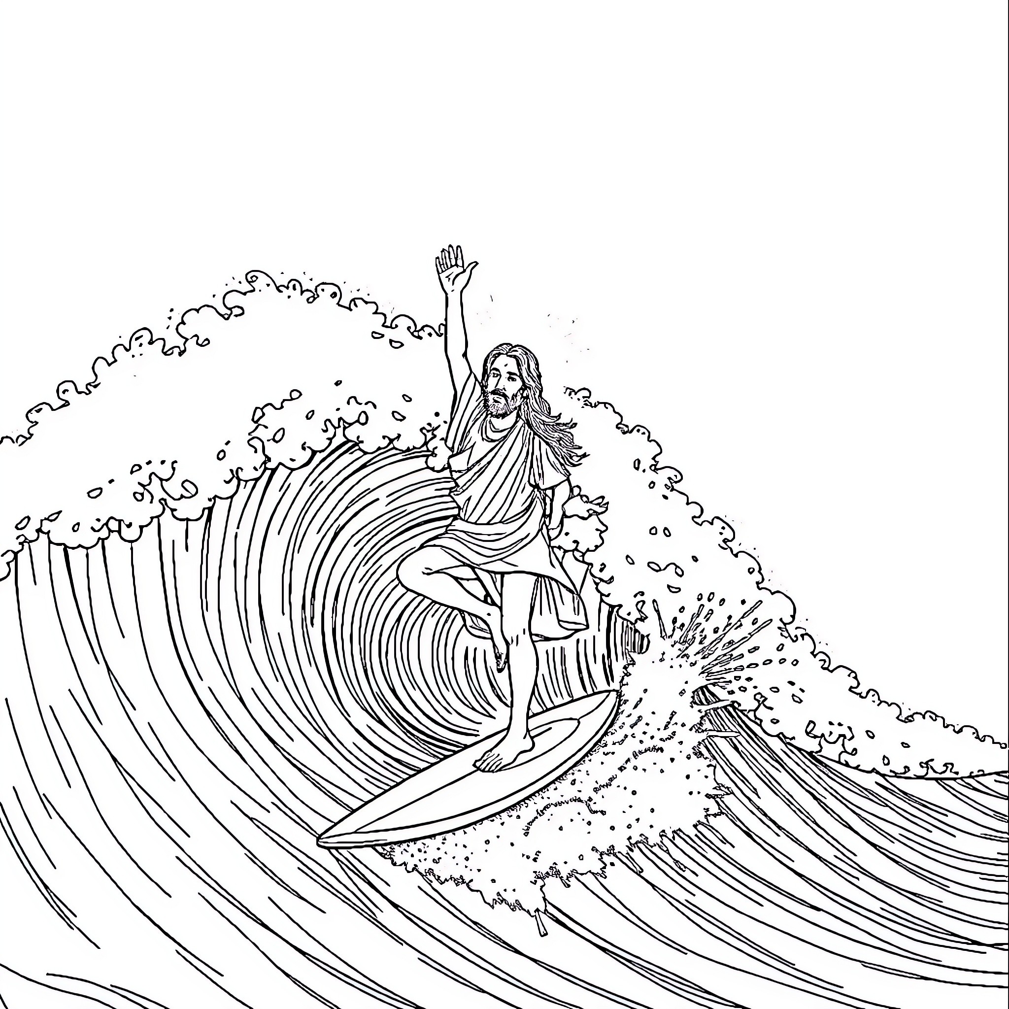 Jesus Surfing on the Waves Coloring Page (free black-and-white line drawing printable PDF for all, from beginners to advanced learners, including children, teens, adults, and seniors)
