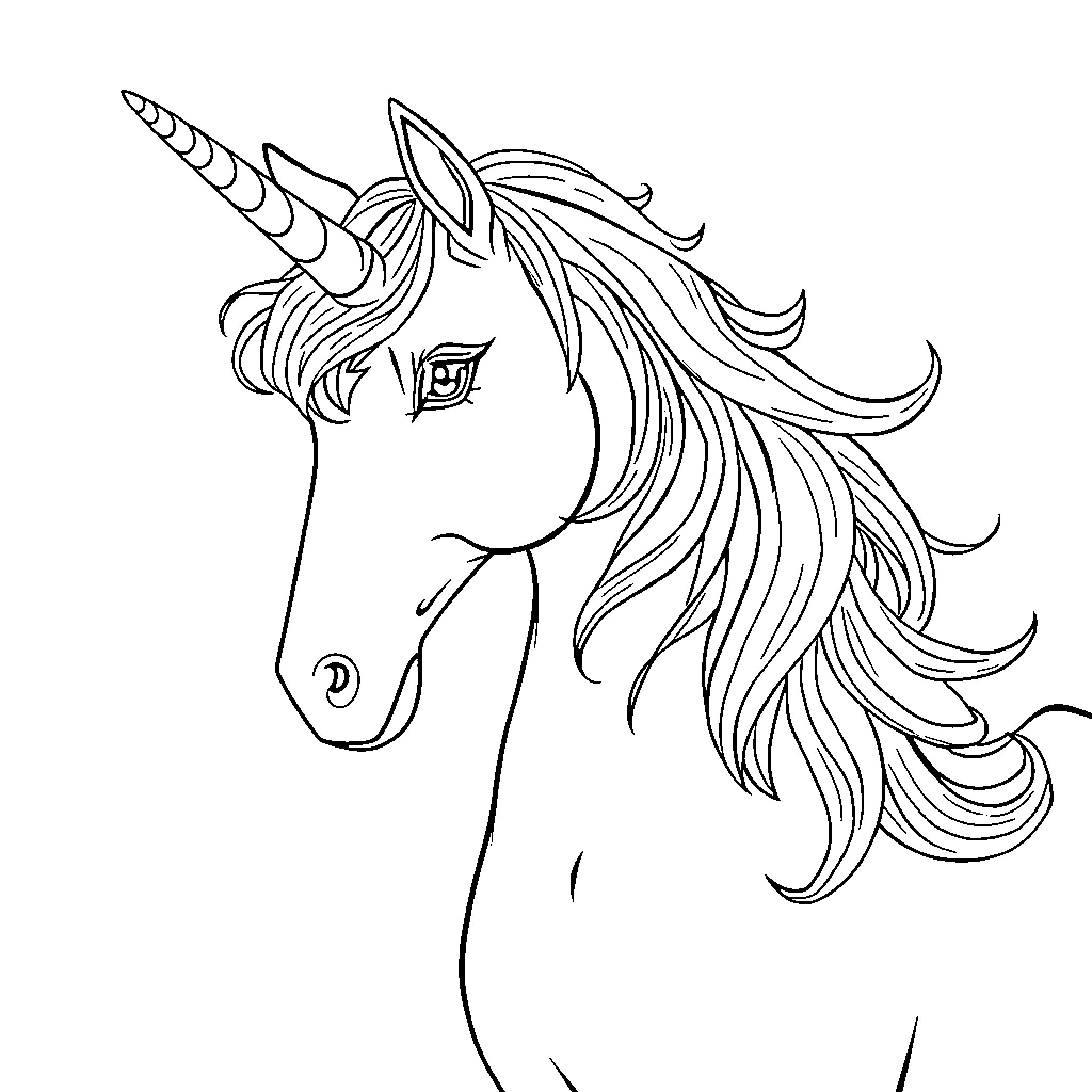 Unicorn with flowing mane and horn Coloring Page (free black-and-white line drawing printable PDF for all, from beginners to advanced learners, including children, teens, adults, and seniors)
