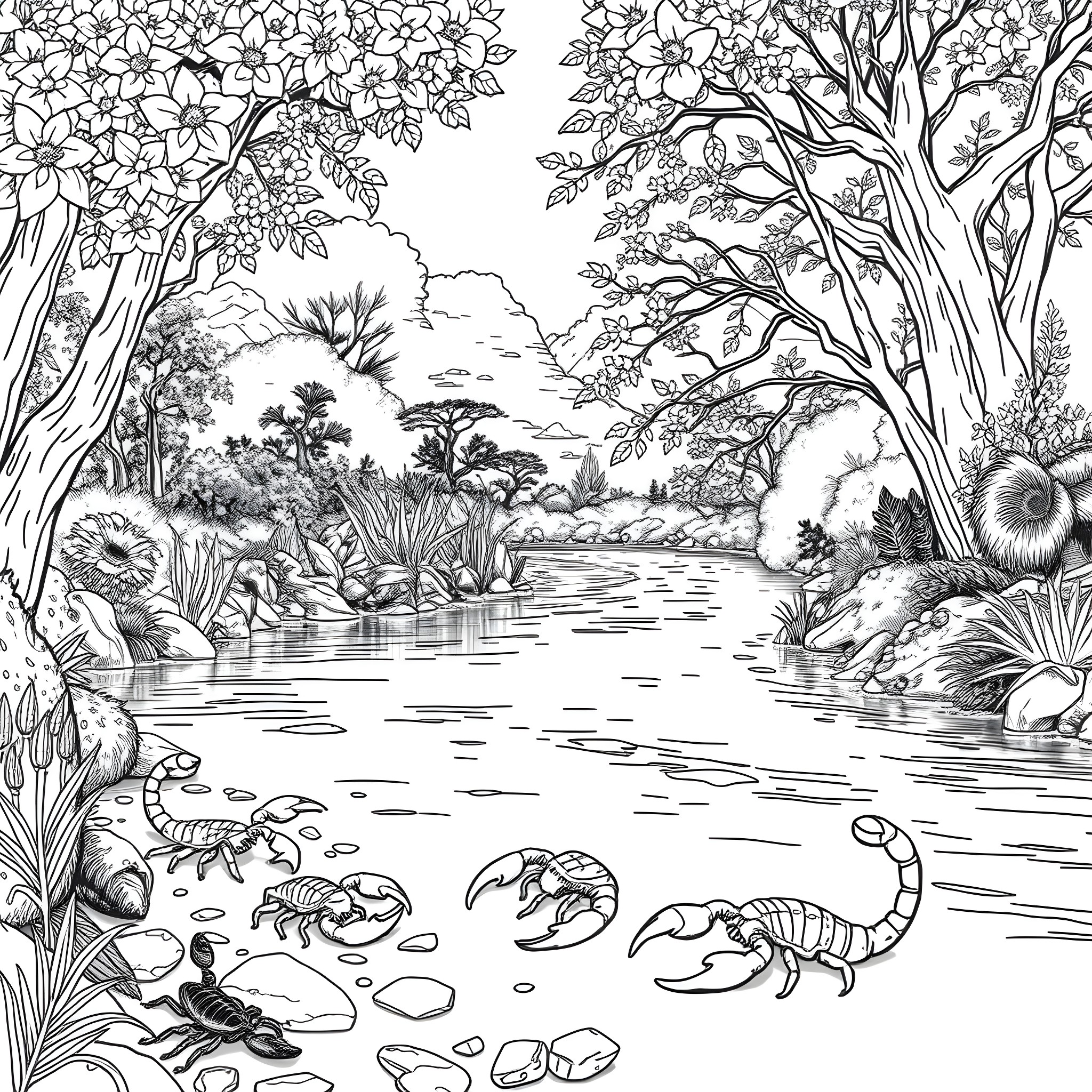 Scorpion Dwelling in Lush Forest Landscape Coloring Page (free black-and-white line drawing printable PDF for all, from beginners to advanced learners, including children, teens, adults, and seniors)
