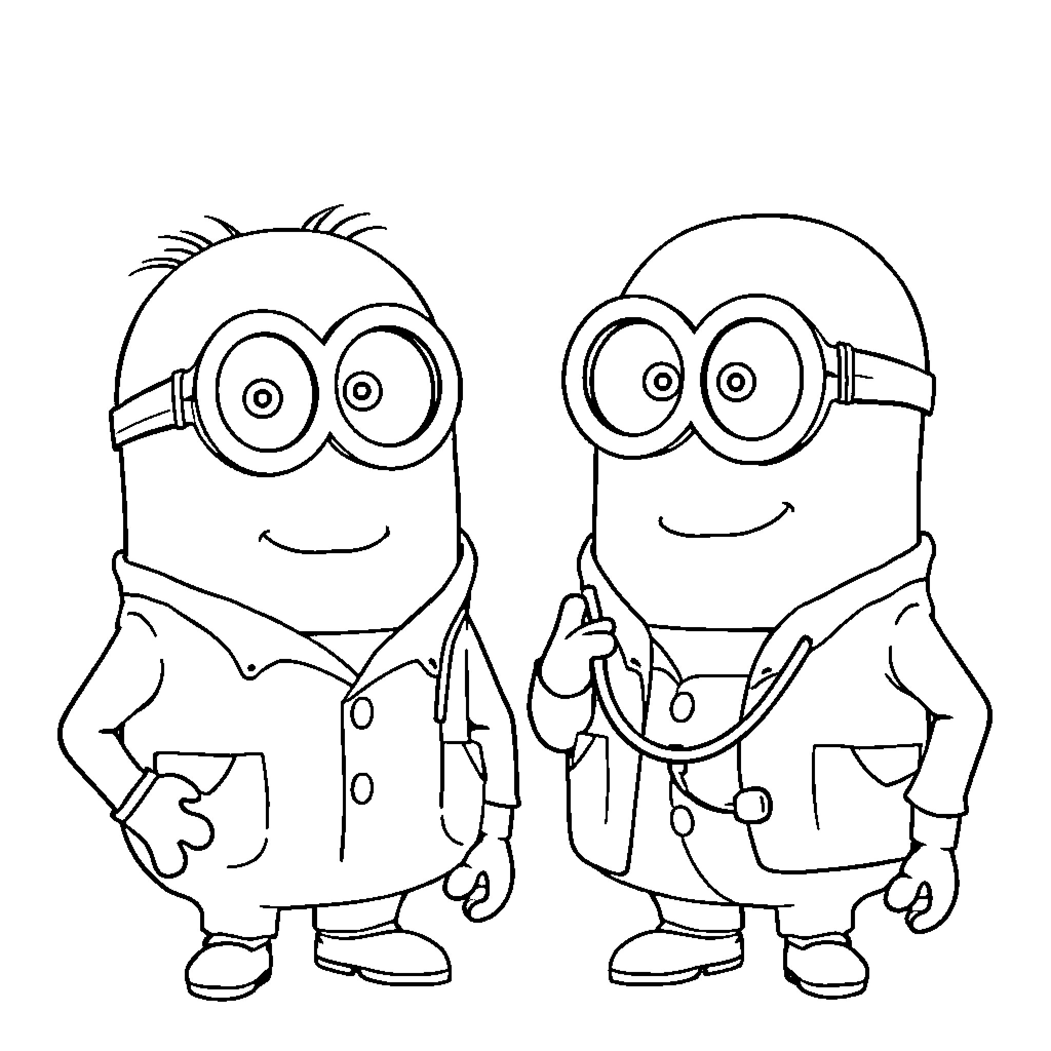 Minions in doctor outfits happily gesturing Coloring Page (free black-and-white line drawing printable PDF for all, from beginners to advanced learners, including children, teens, adults, and seniors)