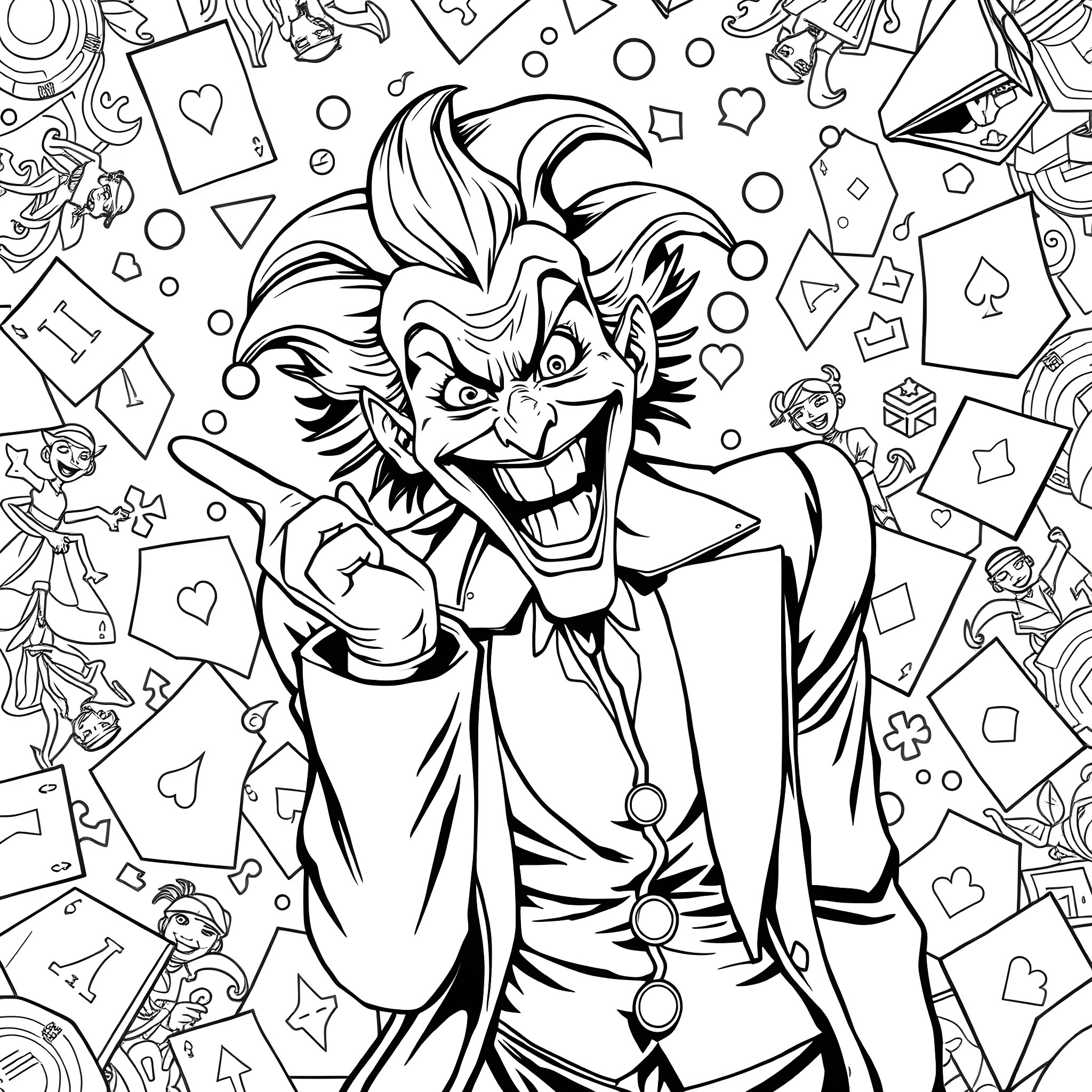 Joker's Mischievous Antics Amidst Playful Chaos Coloring Page (free black-and-white line drawing printable PDF for all, from beginners to advanced learners, including children, teens, adults, and seniors)