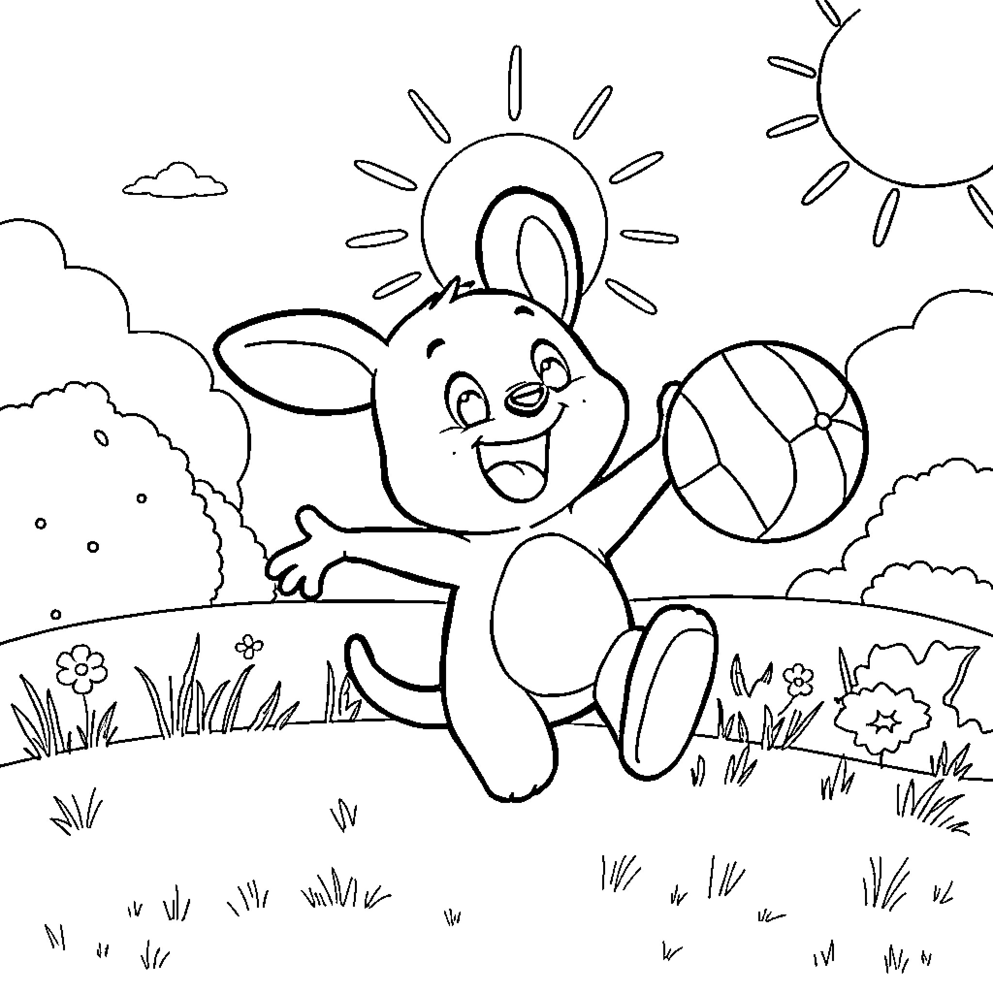 Bluey playing happily with a ball in the park Coloring Page (free black-and-white line drawing printable PDF for all, from beginners to advanced learners, including children, teens, adults, and seniors)