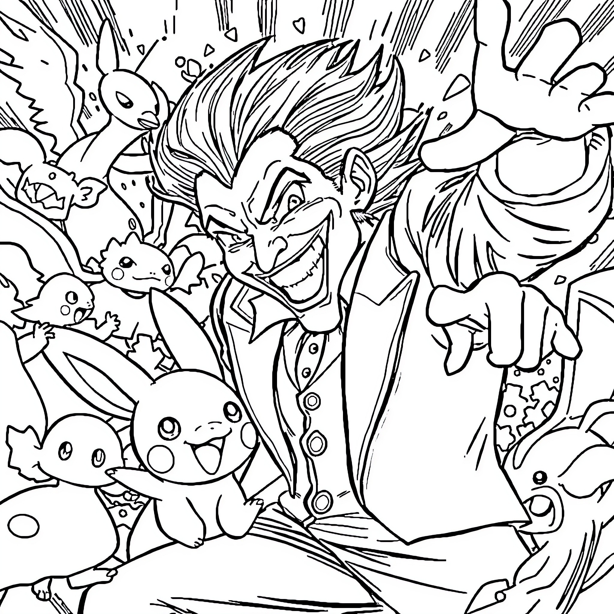 Joker in Chaotic Comic-Style Illustration Coloring Page (free black-and-white line drawing printable PDF for all, from beginners to advanced learners, including children, teens, adults, and seniors)