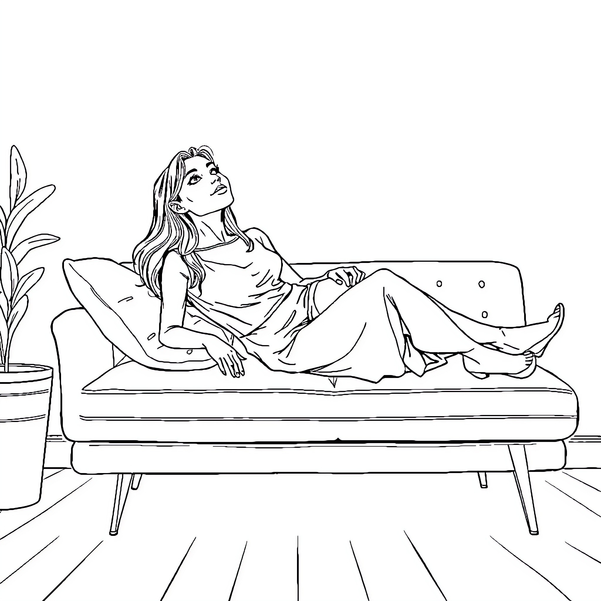 Lady relaxing comfortably on a sofa Coloring Page (free black-and-white line drawing printable PDF for all, from beginners to advanced learners, including children, teens, adults, and seniors)