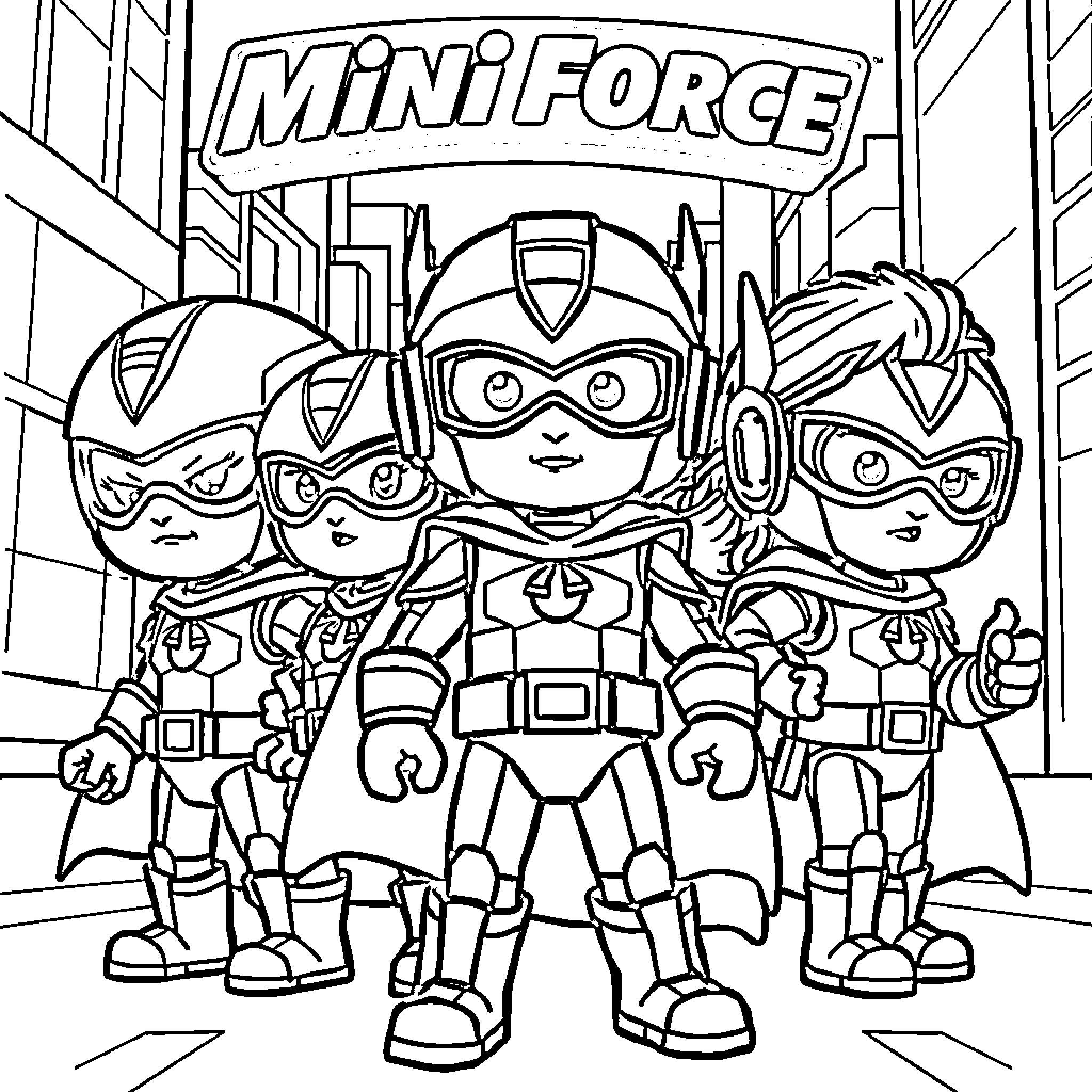 Miniforce heroes in action poses Coloring Page (free black-and-white line drawing printable PDF for all, from beginners to advanced learners, including children, teens, adults, and seniors)