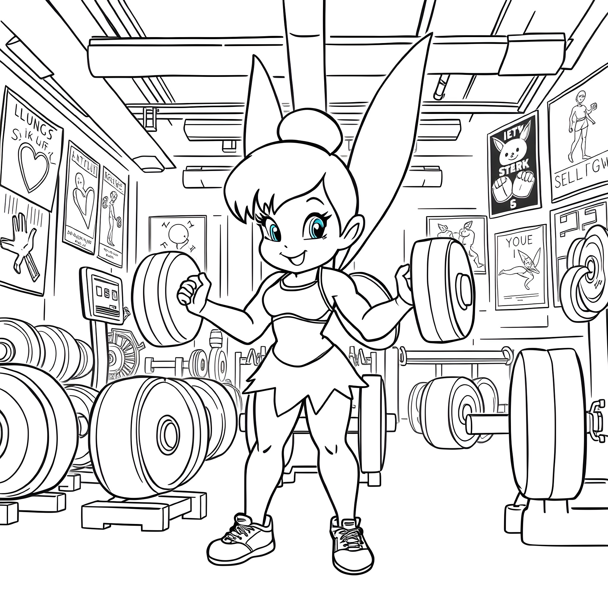 Tinkerbell exercising at the gym Coloring Page (free black-and-white line drawing printable PDF for all, from beginners to advanced learners, including children, teens, adults, and seniors)