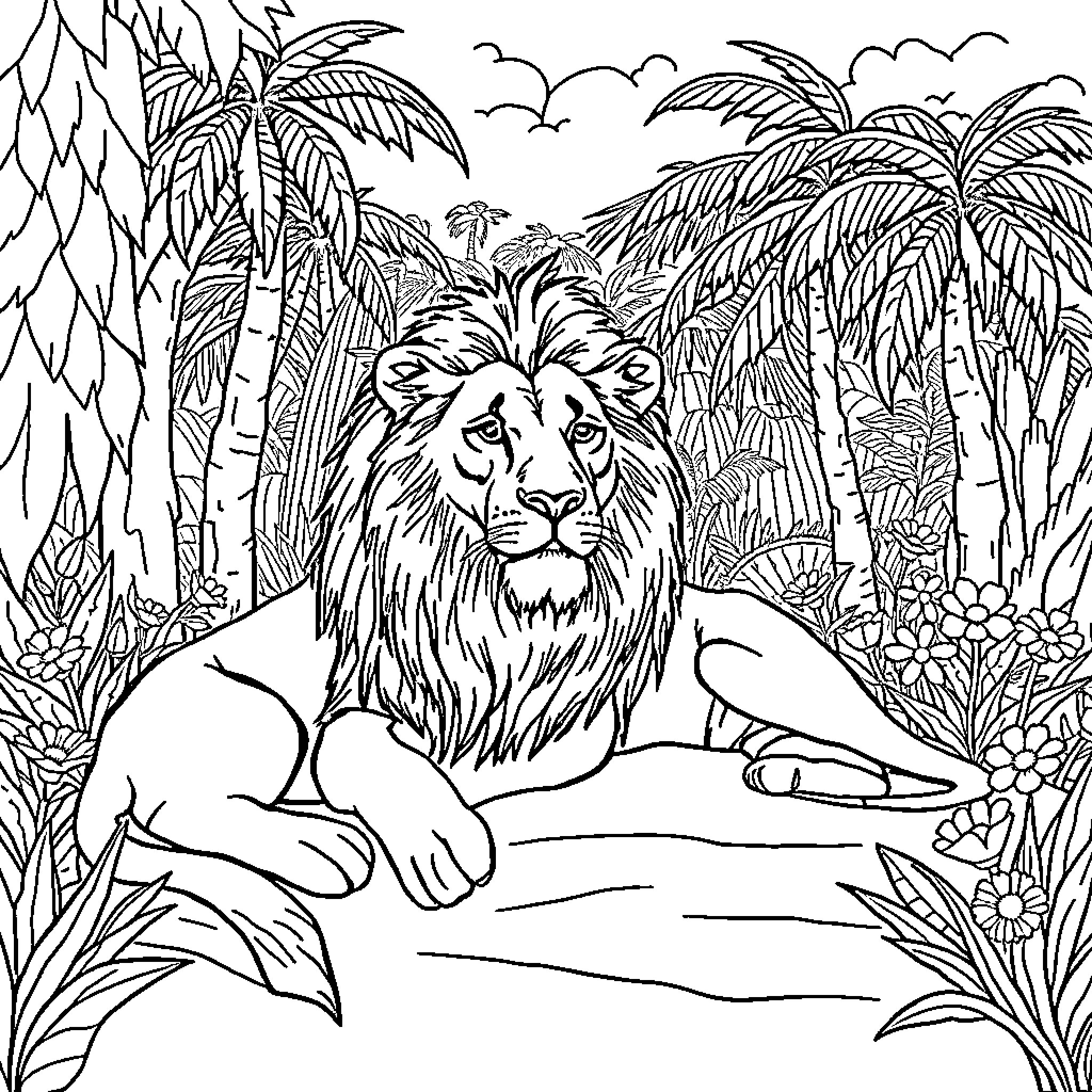 Lion resting in the tropical jungle Coloring Page (free black-and-white line drawing printable PDF for all, from beginners to advanced learners, including children, teens, adults, and seniors)