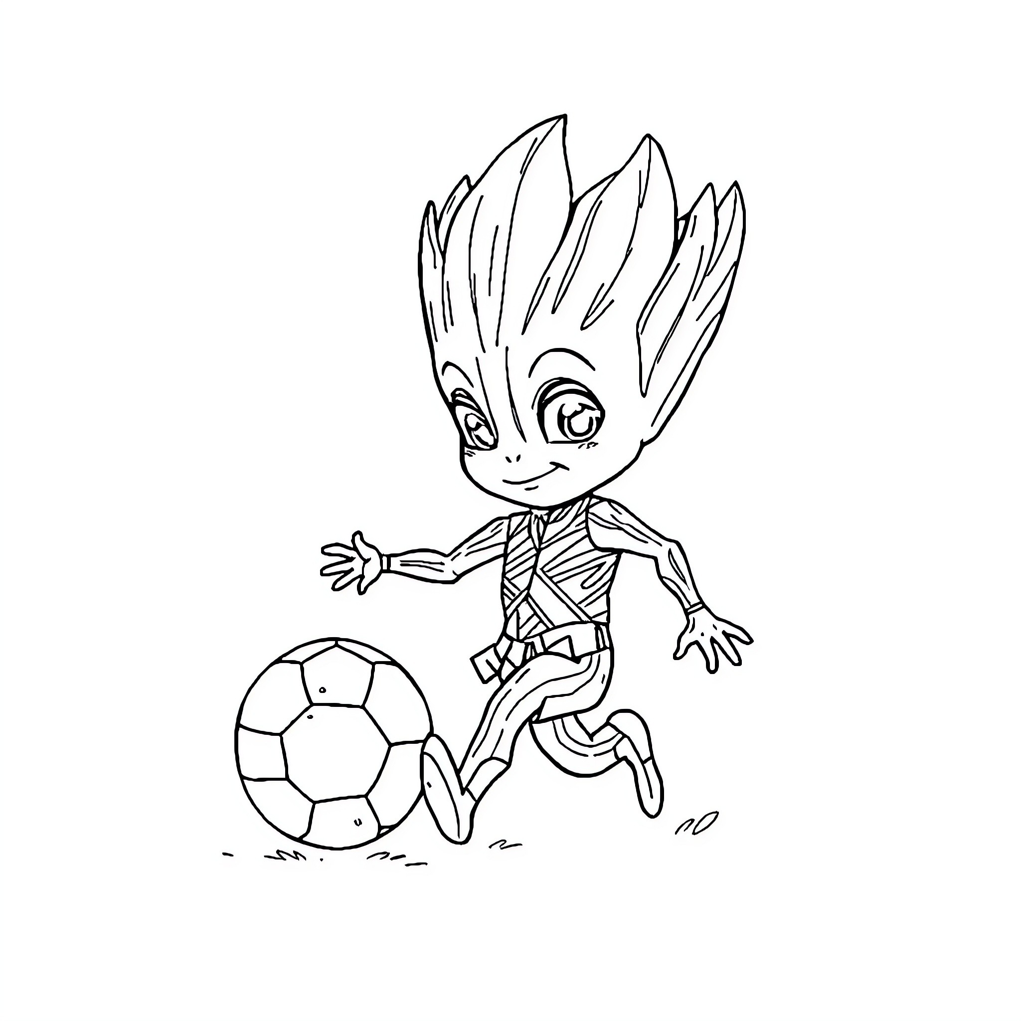 Baby Groot playing with soccer ball Coloring Page (free black-and-white line drawing printable PDF for all, from beginners to advanced learners, including children, teens, adults, and seniors)