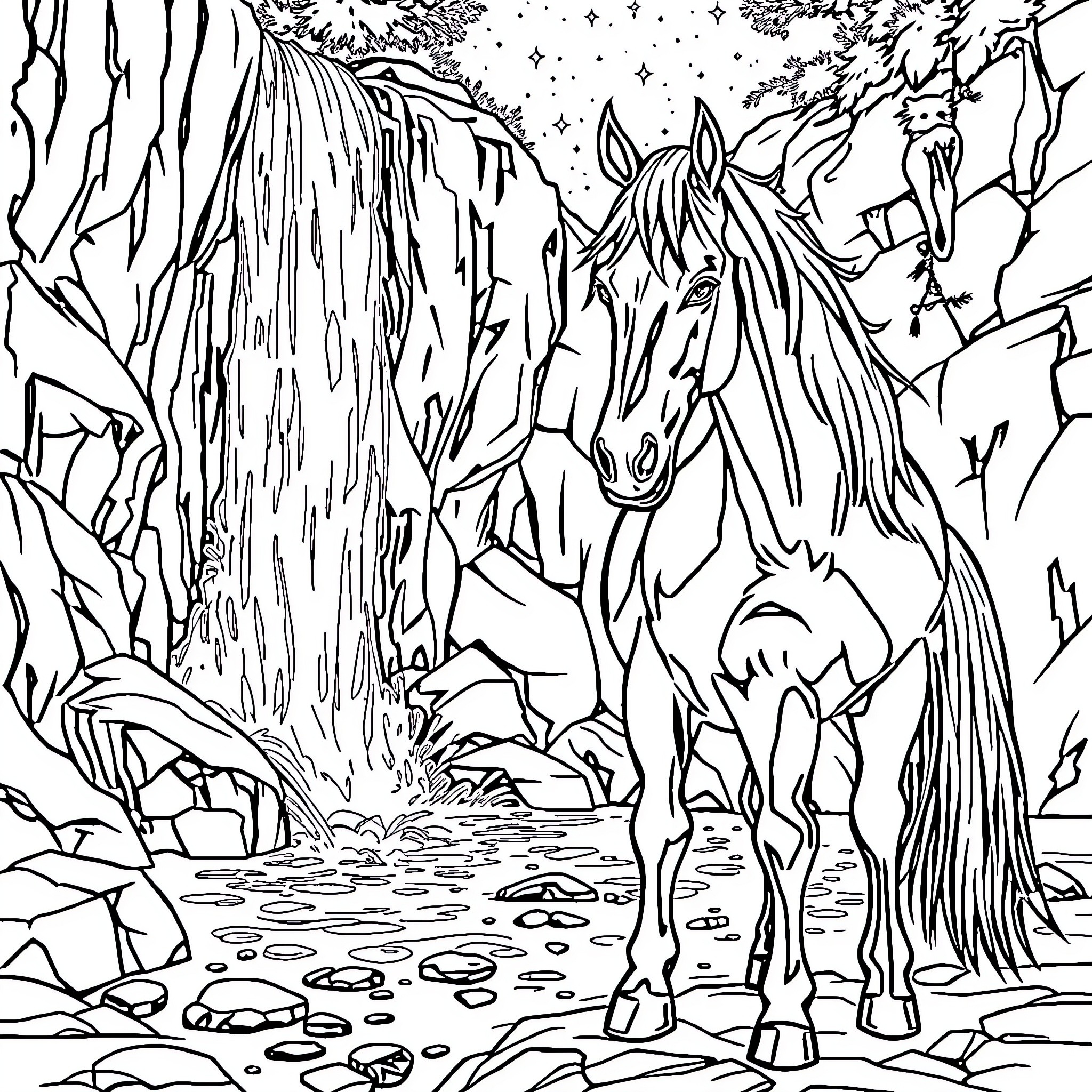 Horse exploring a magical forest landscape Coloring Page (free black-and-white line drawing printable PDF for all, from beginners to advanced learners, including children, teens, adults, and seniors)