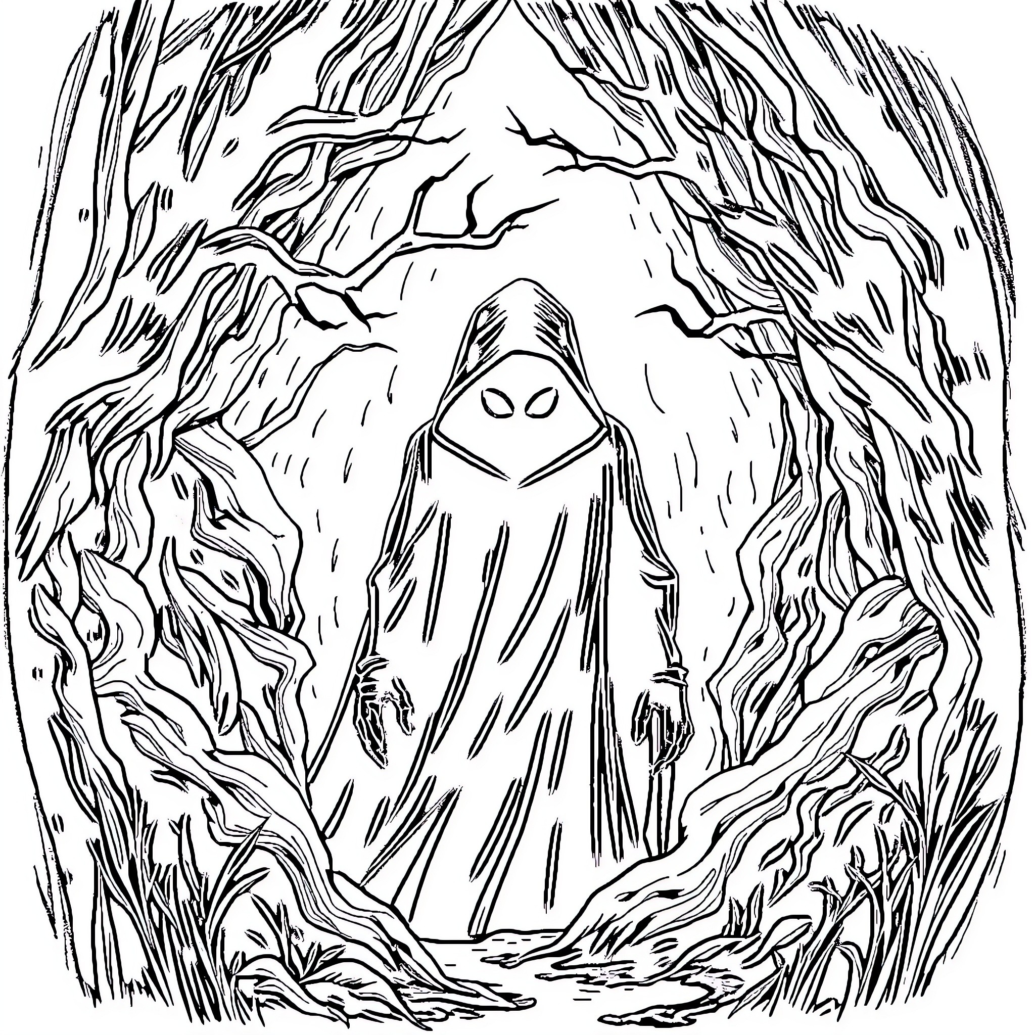 Other Mysterious Figure in Spooky Forest Coloring Page (free black-and-white line drawing printable PDF for all, from beginners to advanced learners, including children, teens, adults, and seniors)