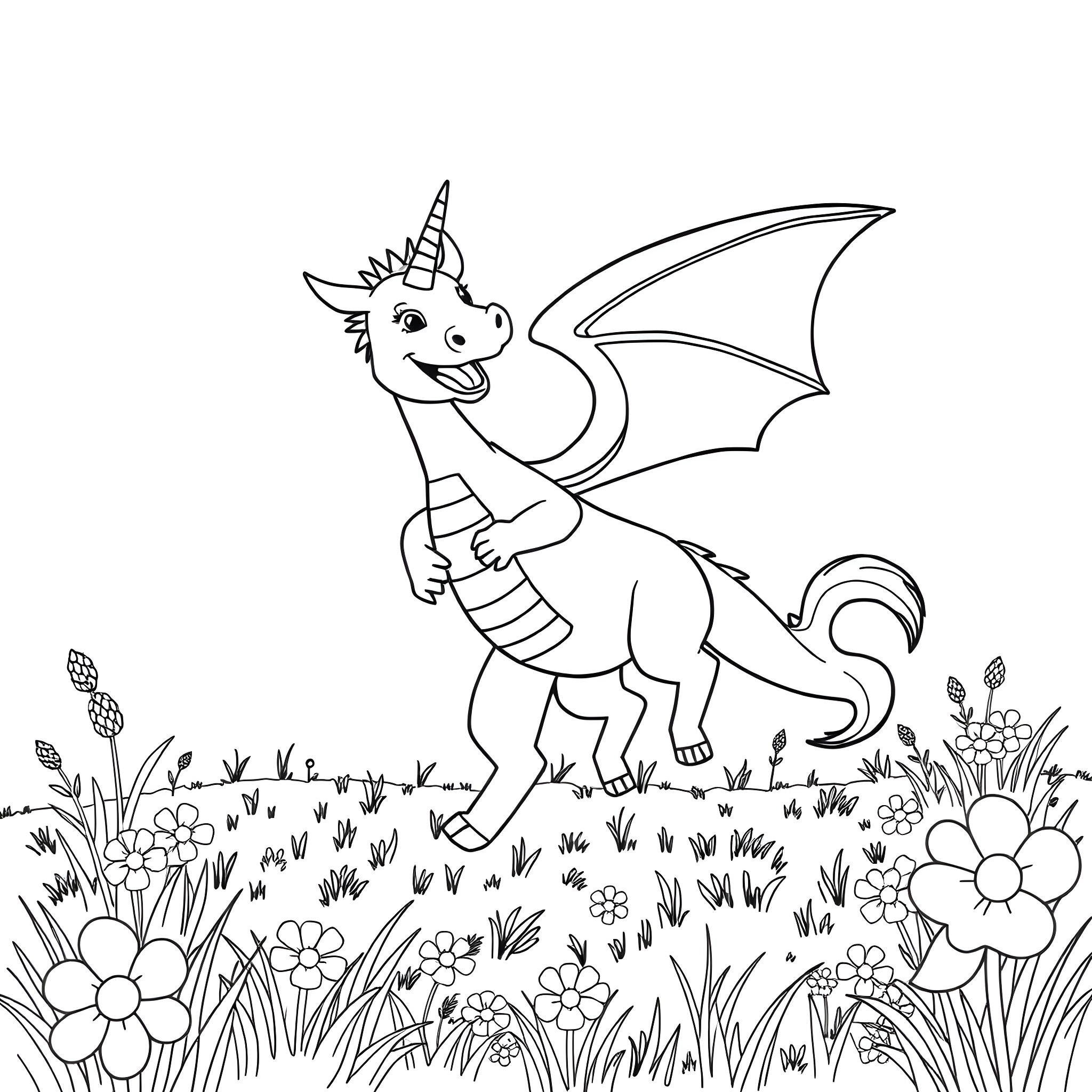 Dragon playfully exploring a floral meadow Coloring Page (free black-and-white line drawing printable PDF for all, from beginners to advanced learners, including children, teens, adults, and seniors)