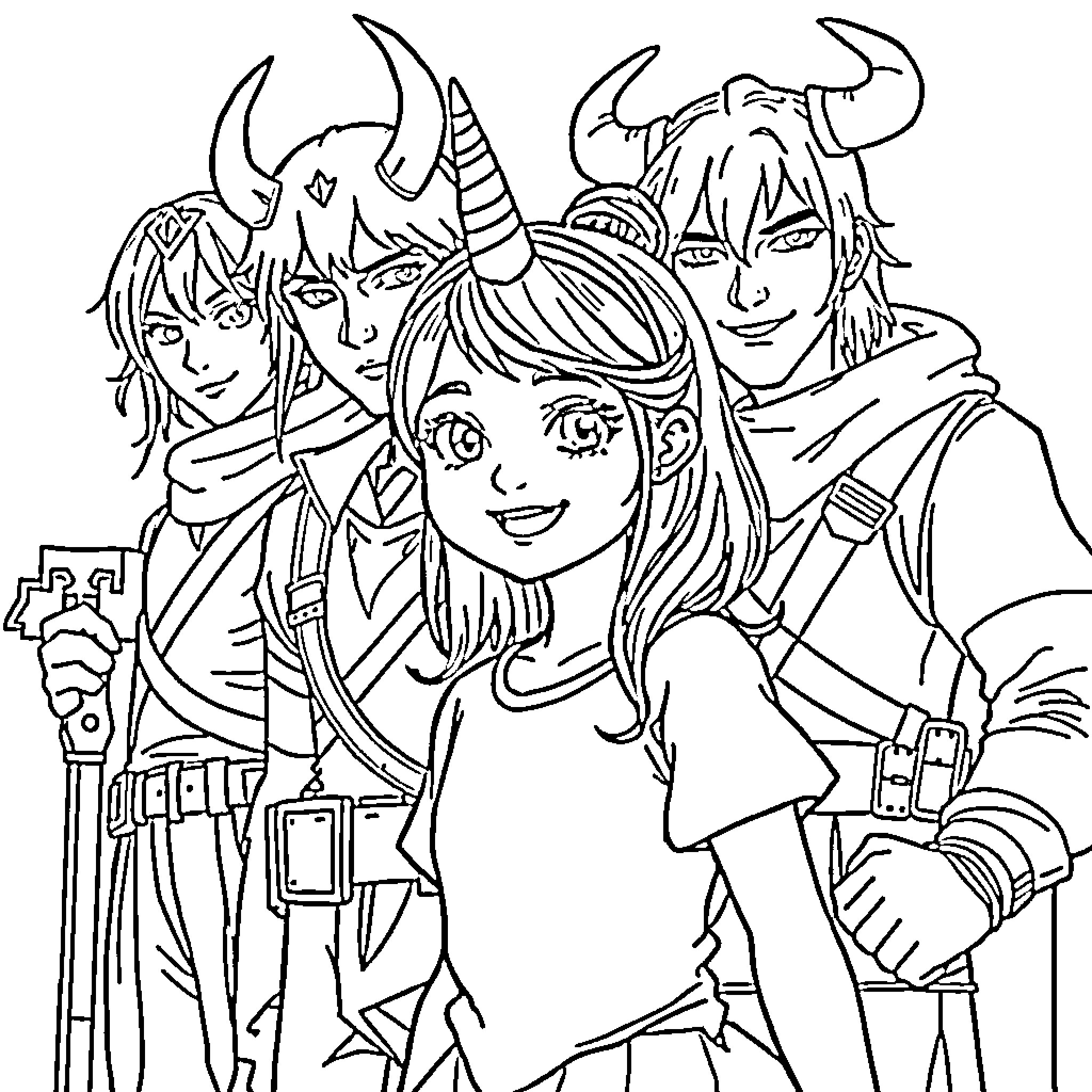 Demon Hunter and their Unique Party Coloring Page (free black-and-white line drawing printable PDF for all, from beginners to advanced learners, including children, teens, adults, and seniors)