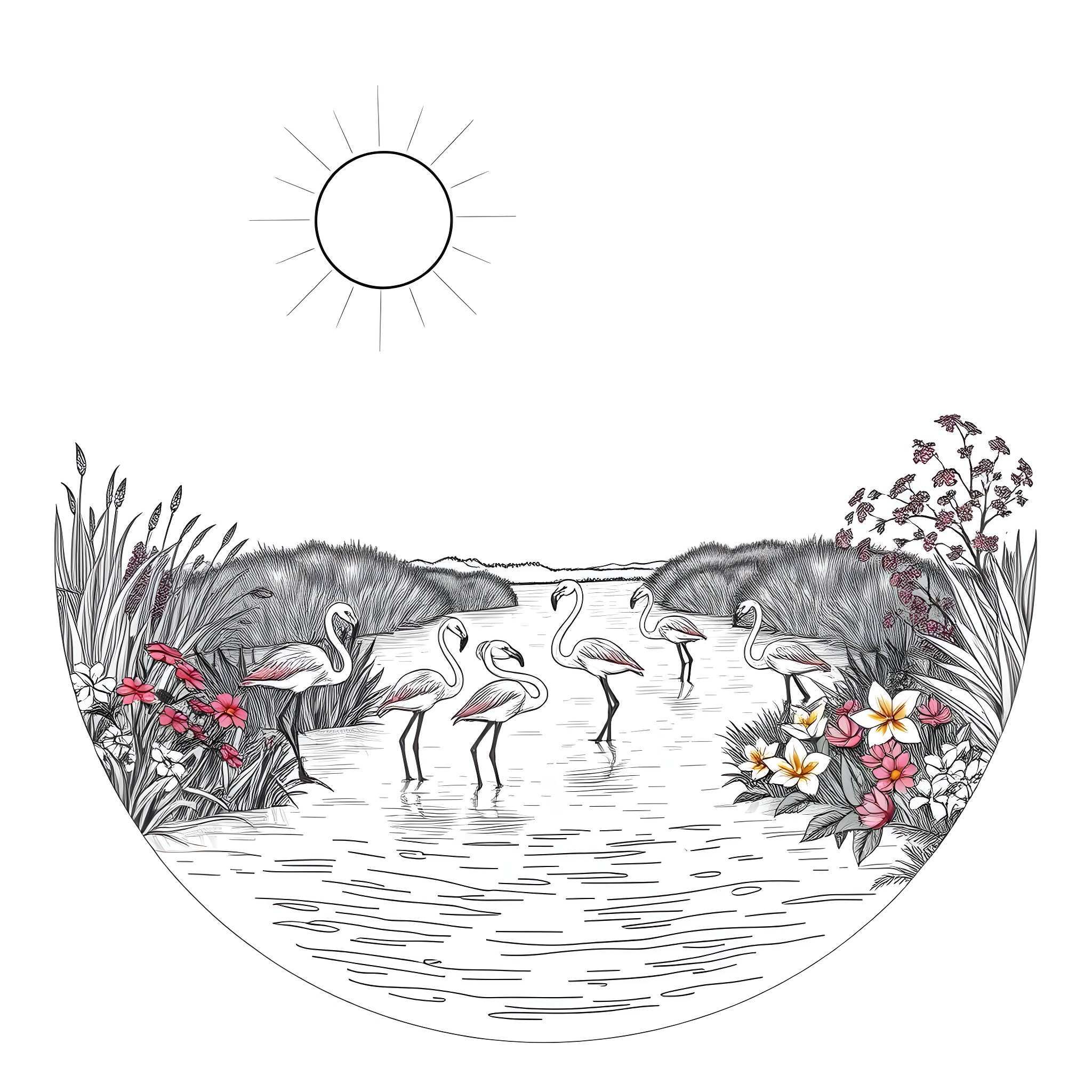 Flamingos wading peacefully in a tropical haven Coloring Page (free black-and-white line drawing printable PDF for all, from beginners to advanced learners, including children, teens, adults, and seniors)