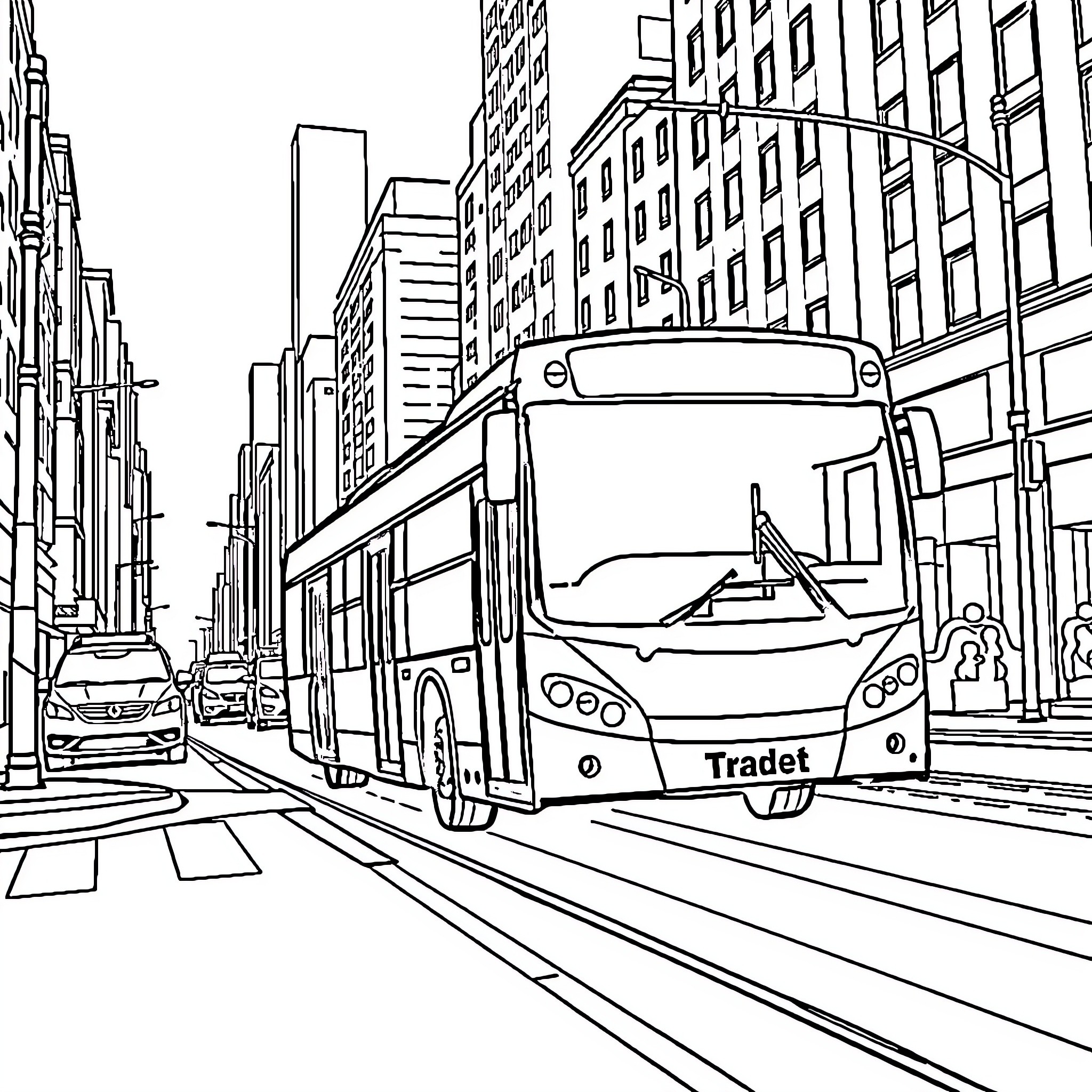 Bus on the city street with skyscrapers Coloring Page (free black-and-white line drawing printable PDF for all, from beginners to advanced learners, including children, teens, adults, and seniors)