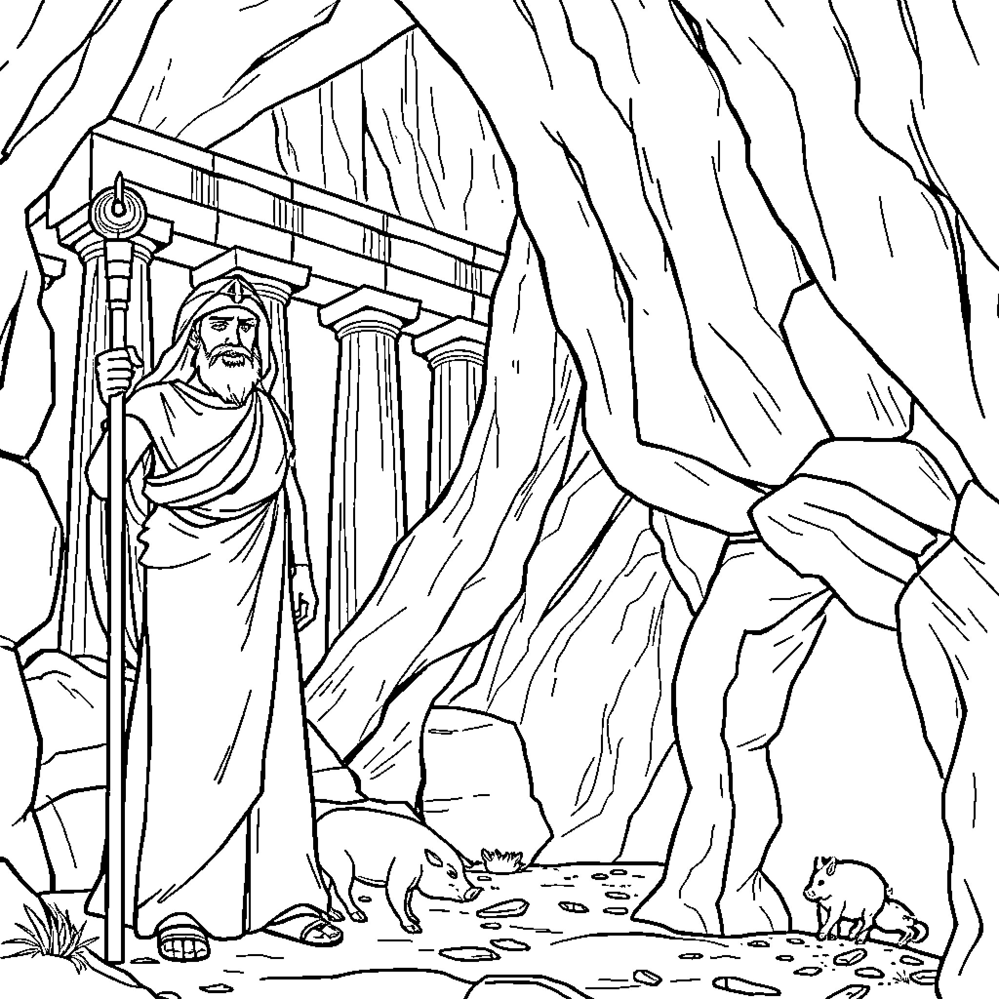 Aegues Warrior Guiding Animals in Rocky Passage Coloring Page (free black-and-white line drawing printable PDF for all, from beginners to advanced learners, including children, teens, adults, and seniors)