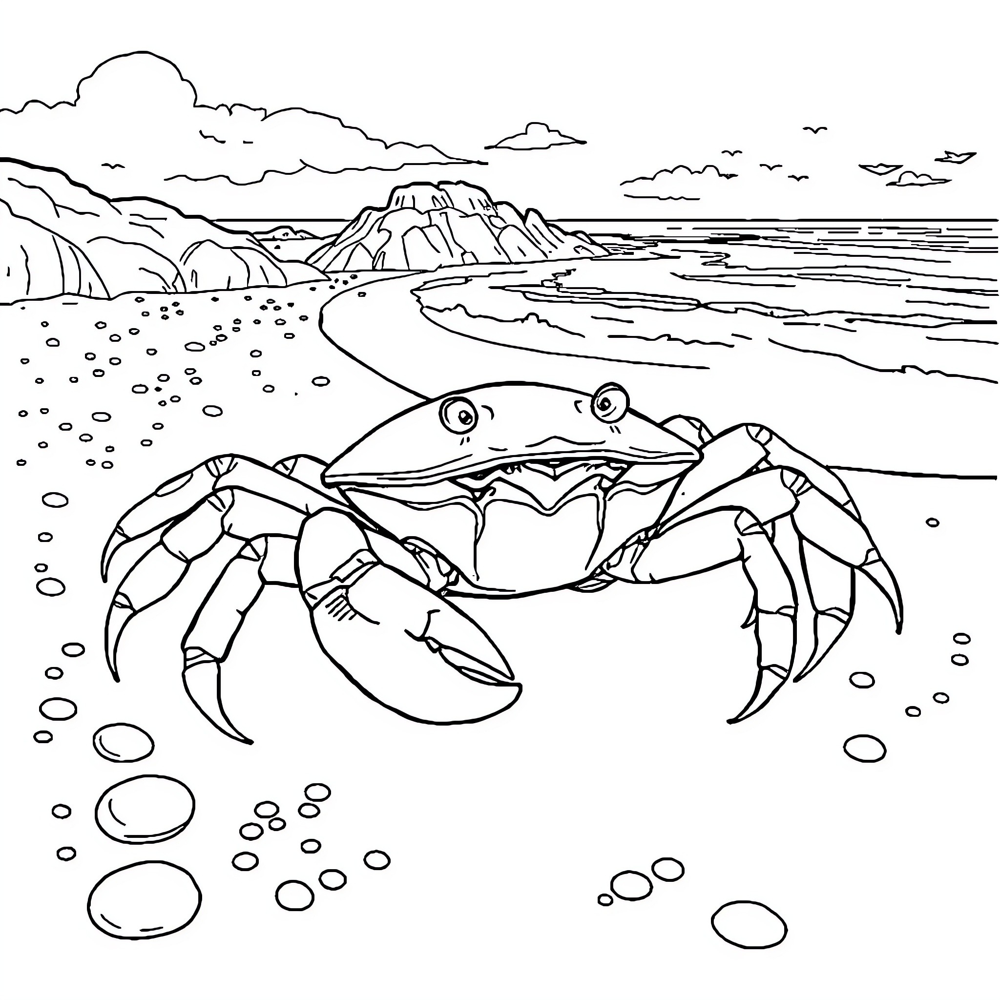 Crab exploring the rocky coastline Coloring Page (free black-and-white line drawing printable PDF for all, from beginners to advanced learners, including children, teens, adults, and seniors)