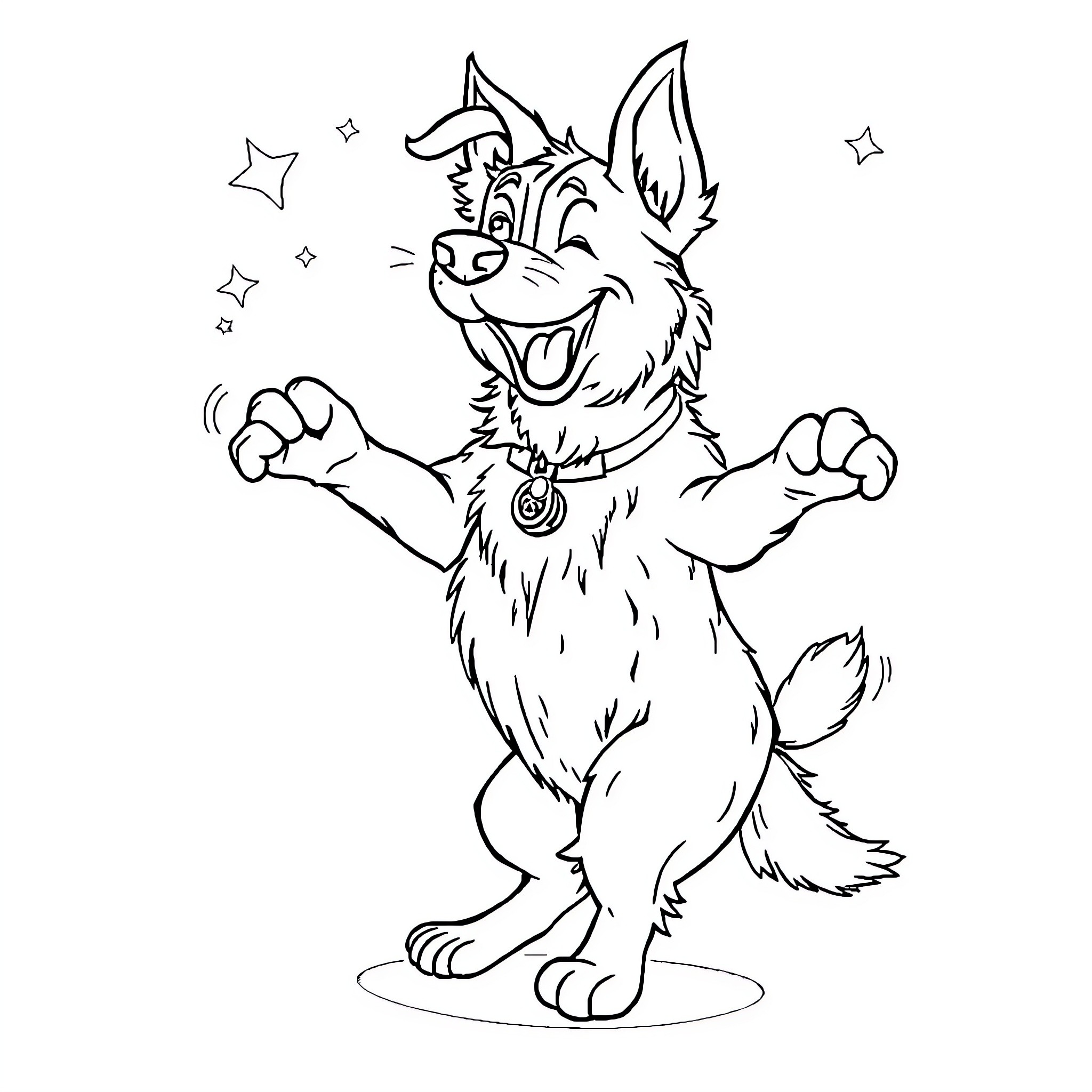 Dog happily dancing with excitement Coloring Page (free black-and-white line drawing printable PDF for all, from beginners to advanced learners, including children, teens, adults, and seniors)