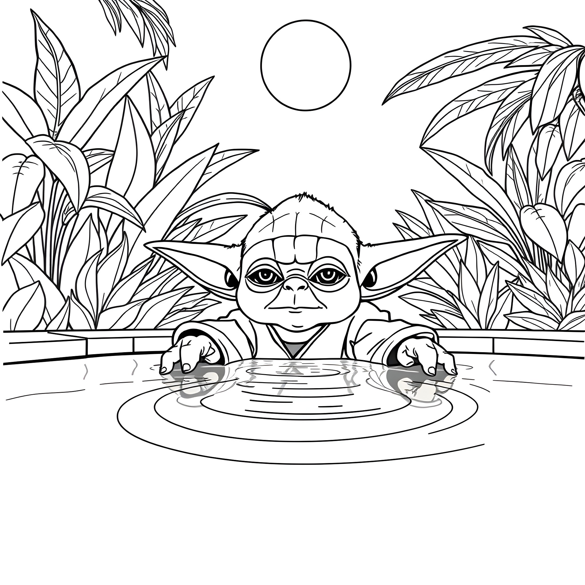Yoda relaxing in the pond surrounded by nature Coloring Page (free black-and-white line drawing printable PDF for all, from beginners to advanced learners, including children, teens, adults, and seniors)
