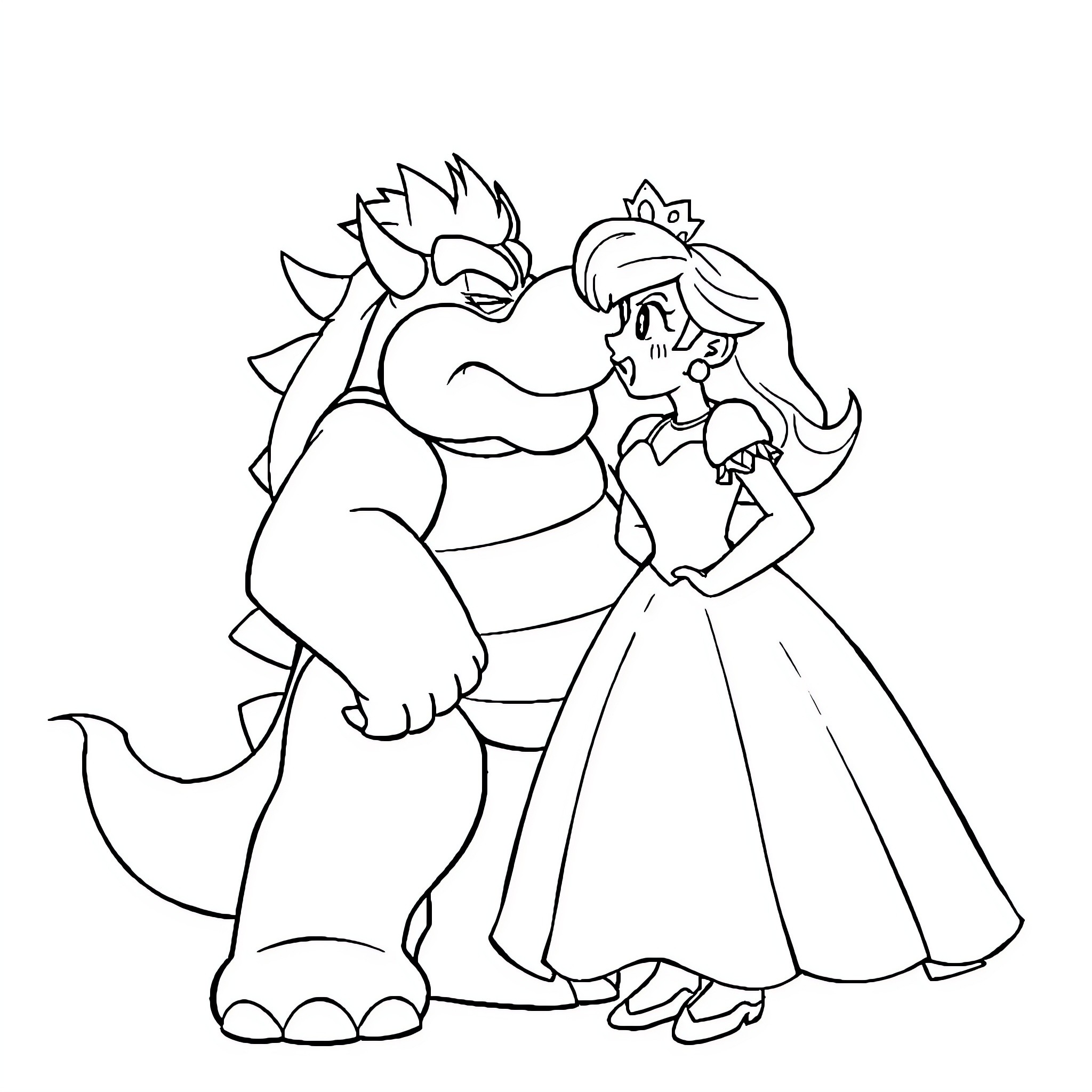 Bowser Threatens Princess in Formal Attire Coloring Page (free black-and-white line drawing printable PDF for all, from beginners to advanced learners, including children, teens, adults, and seniors)