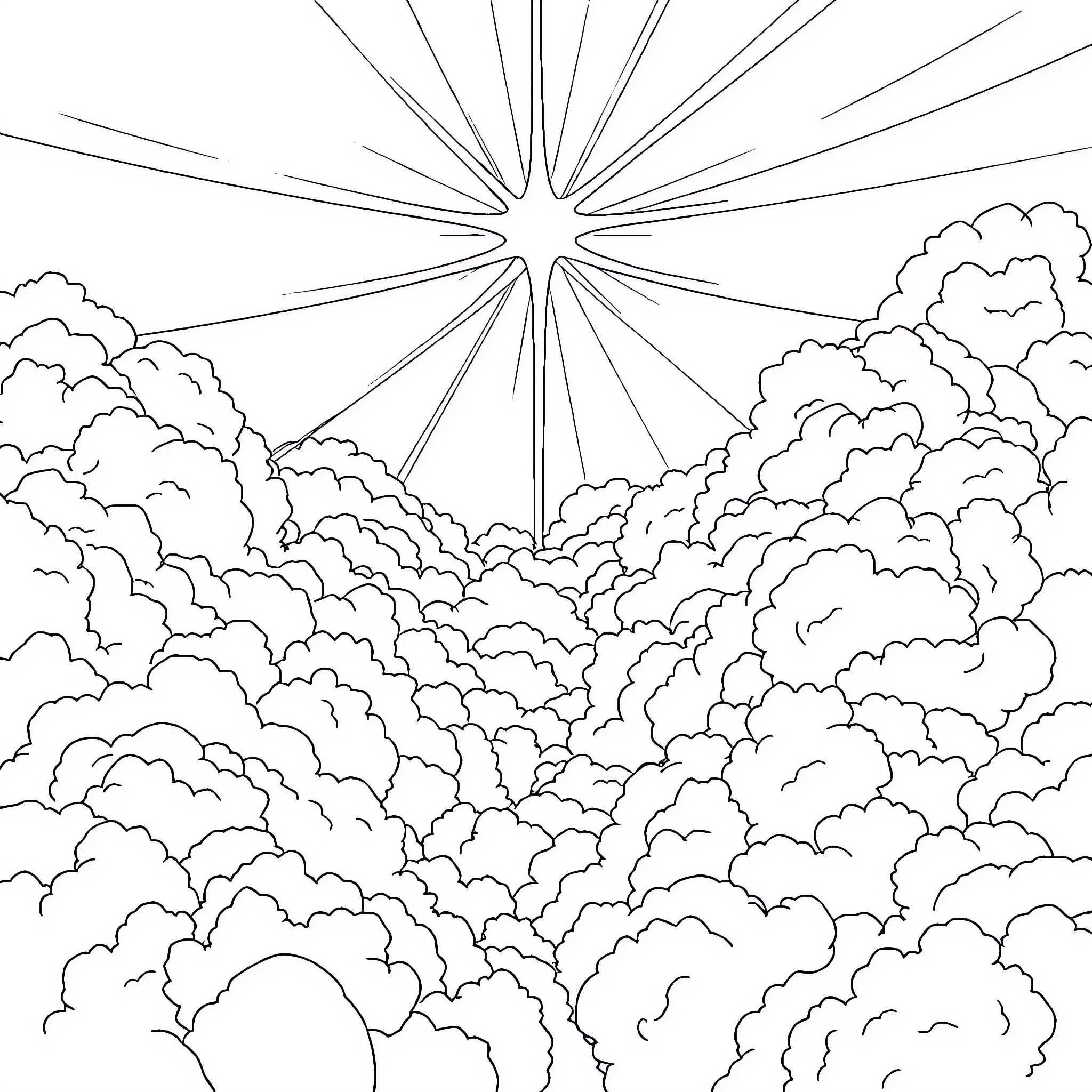 Heaven's Radiant Celestial Embrace Coloring Page (free black-and-white line drawing printable PDF for all, from beginners to advanced learners, including children, teens, adults, and seniors)