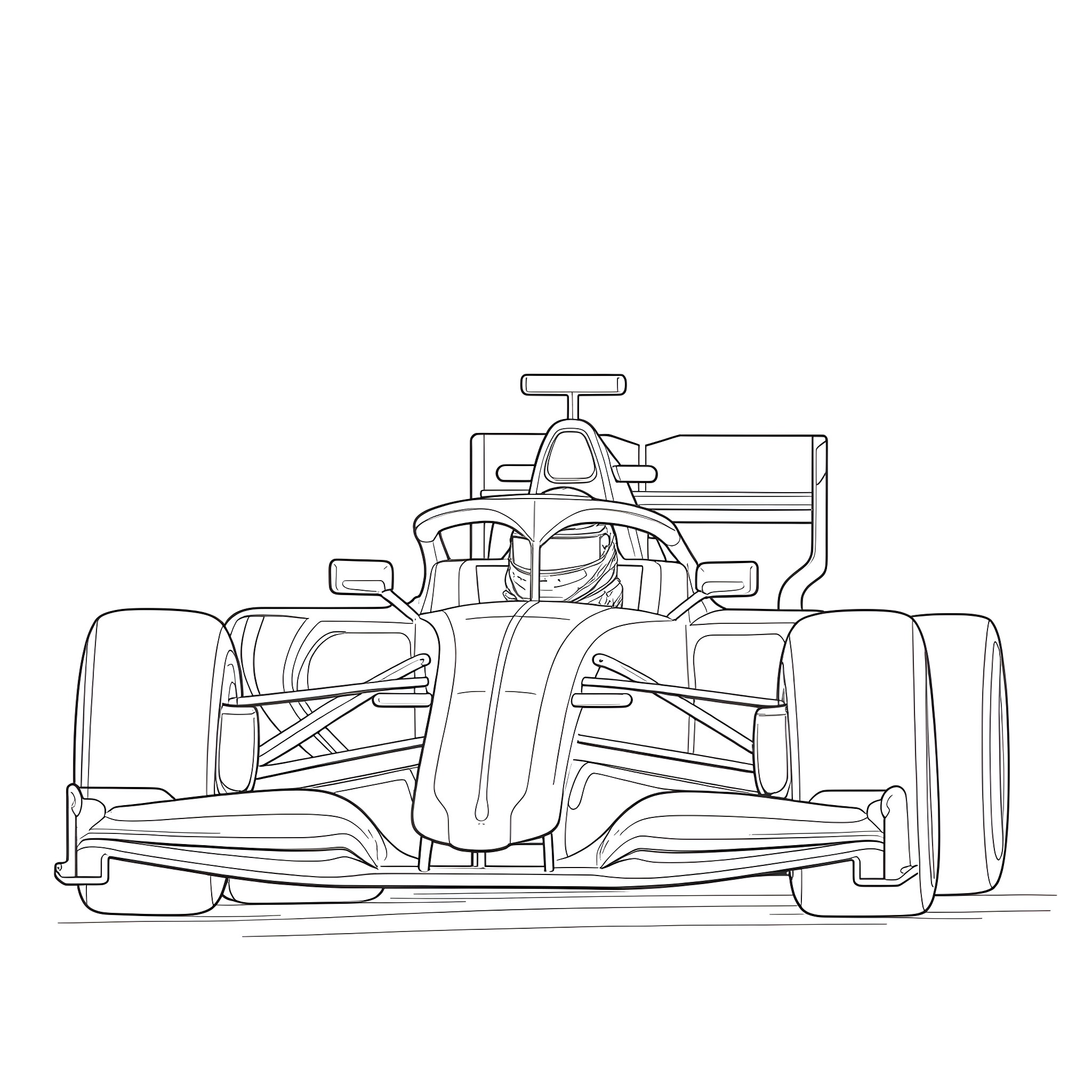 Formula 1 Driver Speeding in Racing Car Coloring Page (free black-and-white line drawing printable PDF for all, from beginners to advanced learners, including children, teens, adults, and seniors)