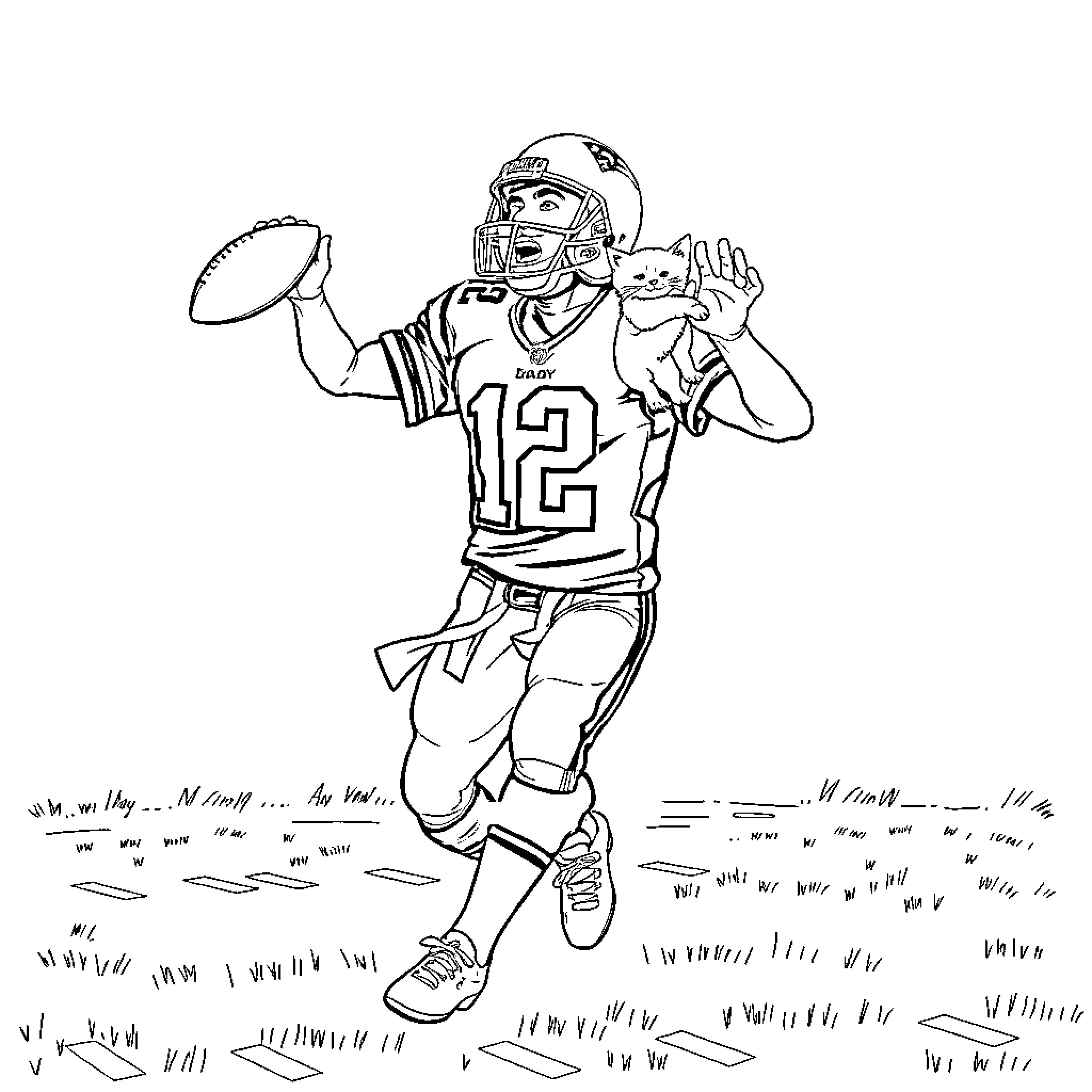 Tom Brady playing football with pet cat Coloring Page (free black-and-white line drawing printable PDF for all, from beginners to advanced learners, including children, teens, adults, and seniors)