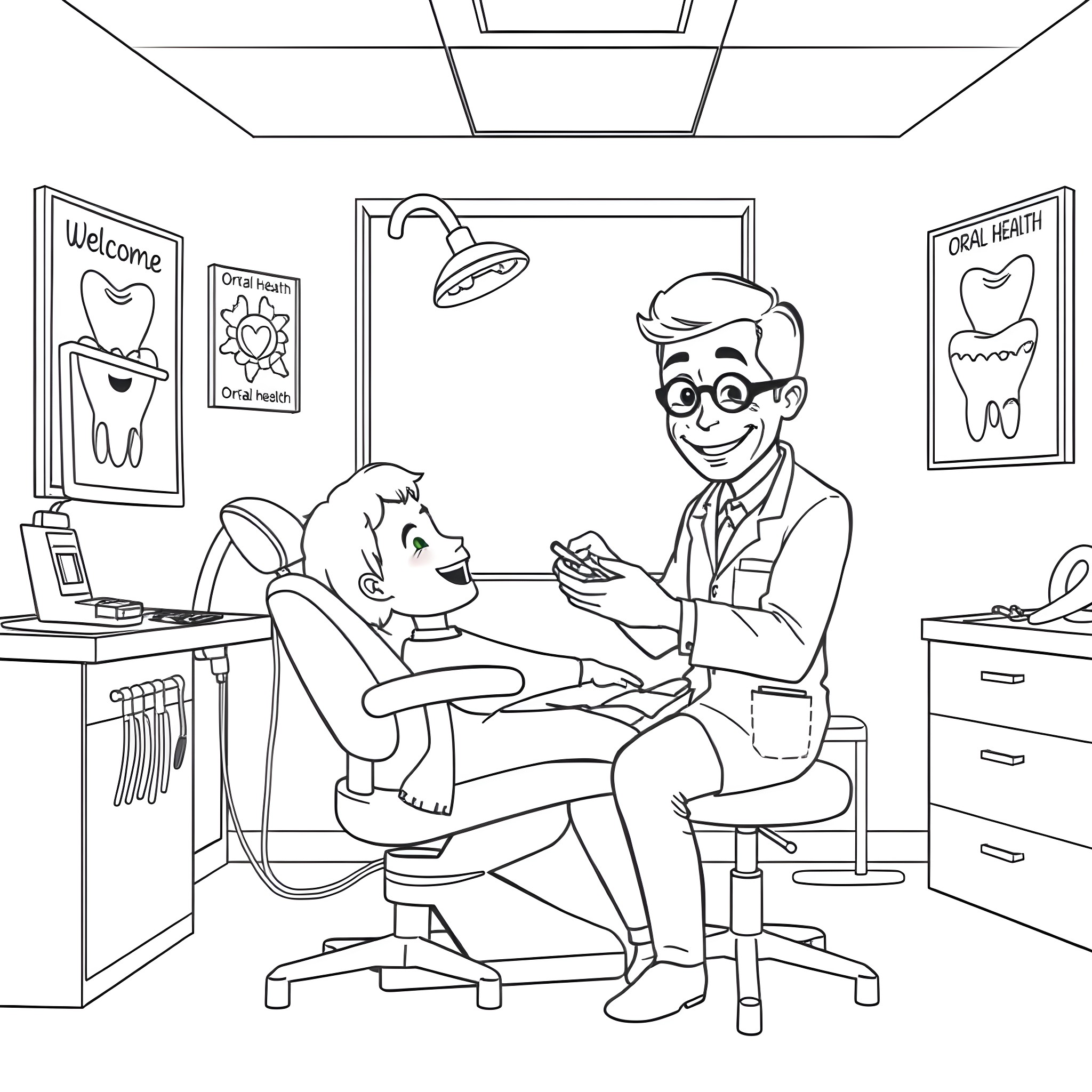 Dentist examining patient in dental office Coloring Page (free black-and-white line drawing printable PDF for all, from beginners to advanced learners, including children, teens, adults, and seniors)