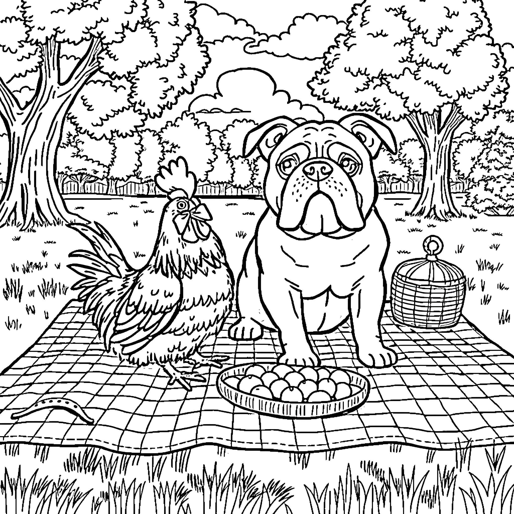 Chicken and Bulldog Enjoying Outdoor Scene Coloring Page (free black-and-white line drawing printable PDF for all, from beginners to advanced learners, including children, teens, adults, and seniors)