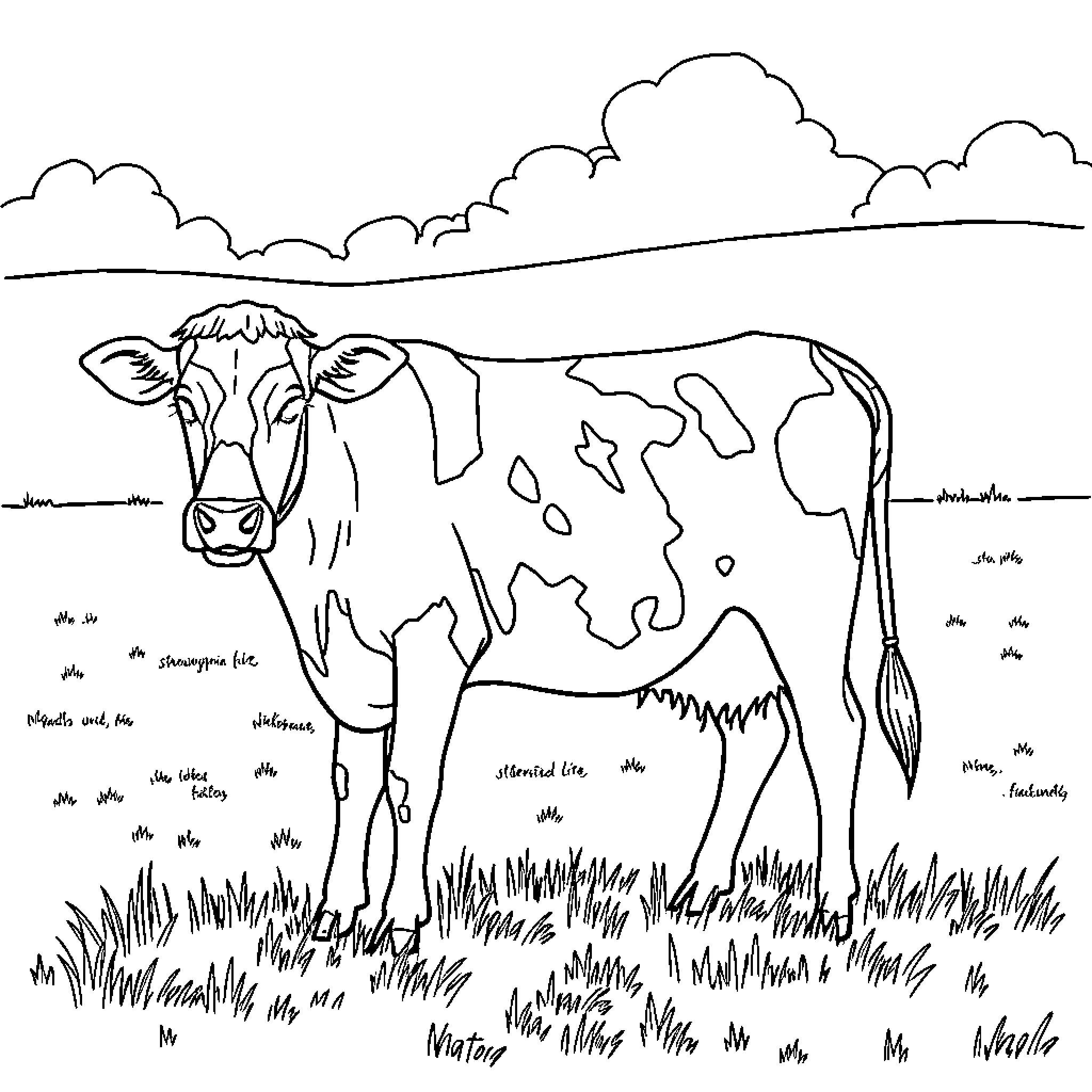 Cow standing in grassy field Coloring Page (free black-and-white line drawing printable PDF for all, from beginners to advanced learners, including children, teens, adults, and seniors)