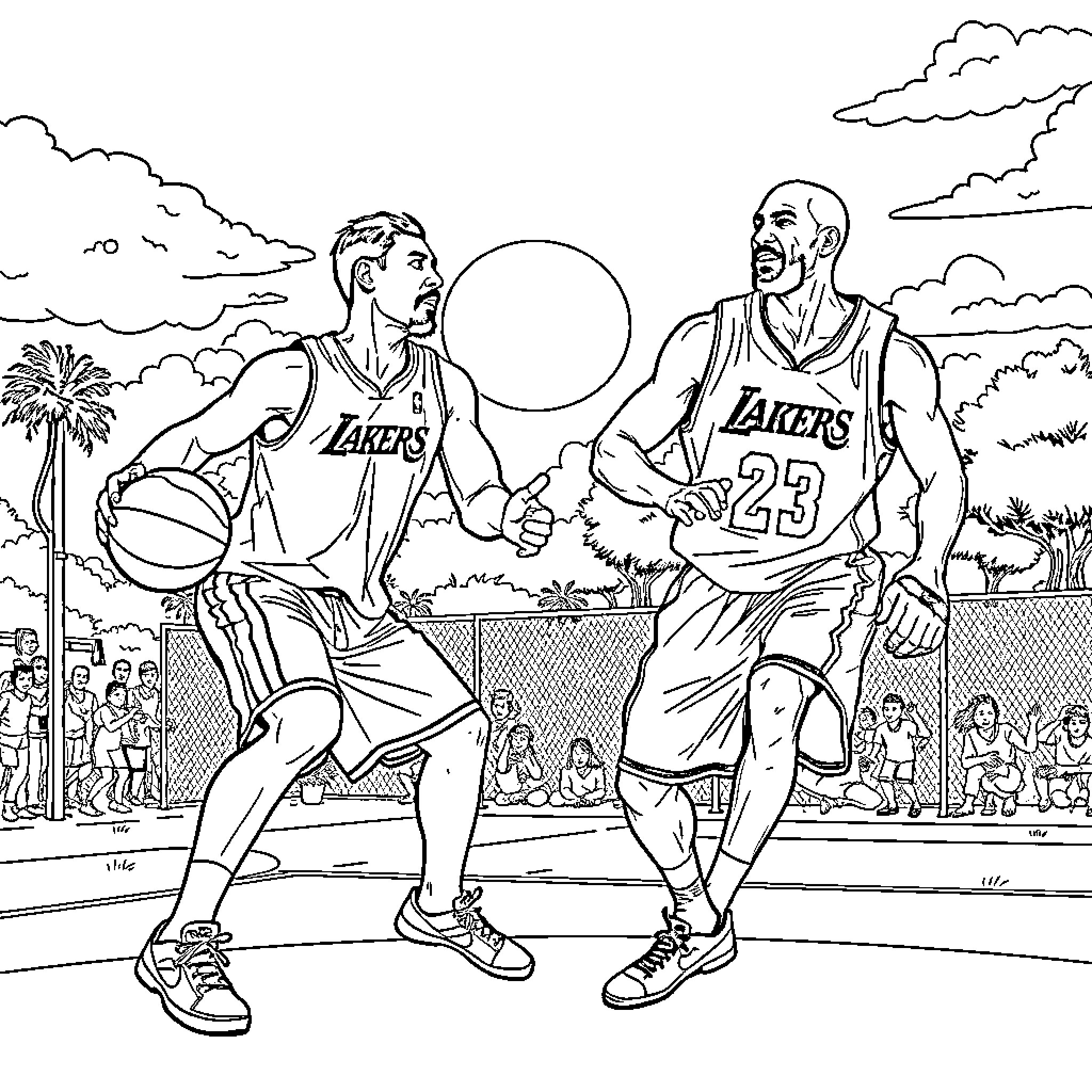 Manny Pacquiao Showcasing Basketball Skills with a Teammate Coloring Page (free black-and-white line drawing printable PDF for all, from beginners to advanced learners, including children, teens, adults, and seniors)