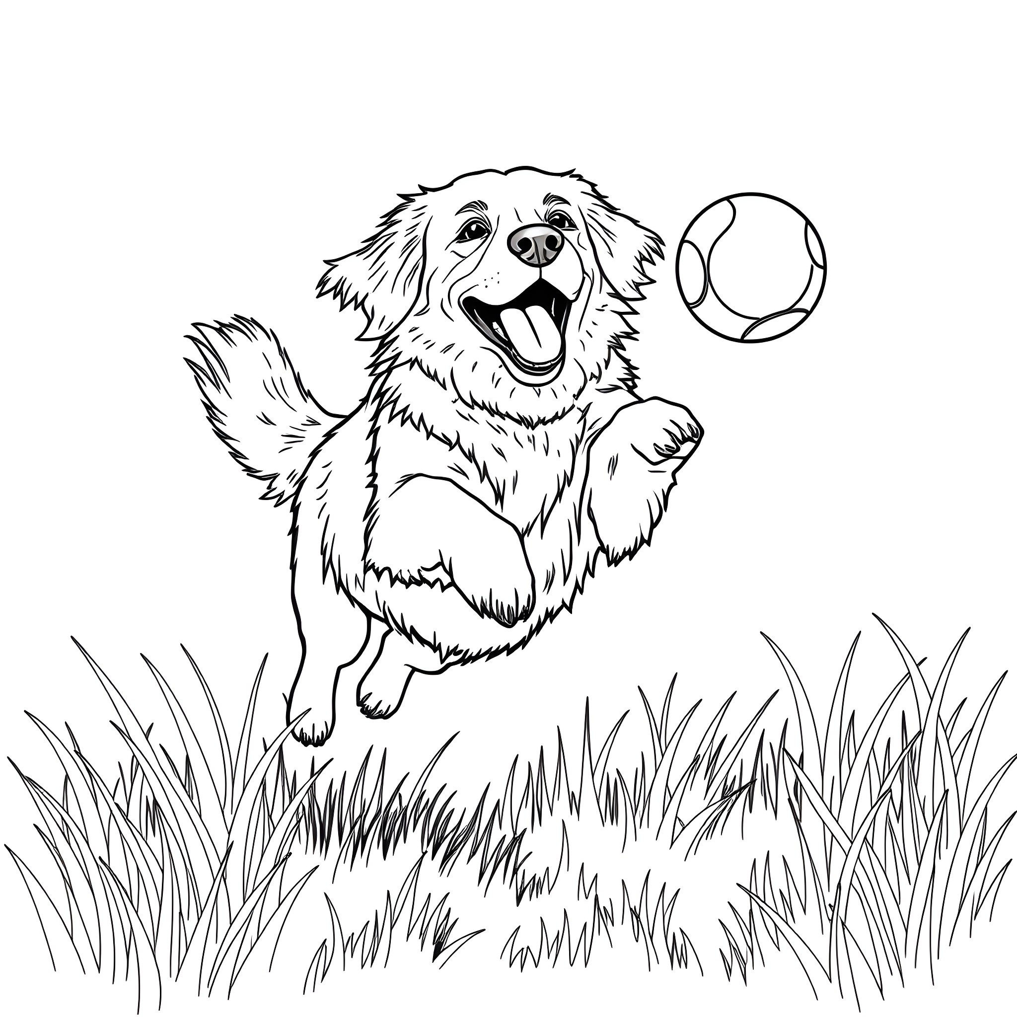 Golden Retriever happily playing with tennis ball Coloring Page (free black-and-white line drawing printable PDF for all, from beginners to advanced learners, including children, teens, adults, and seniors)