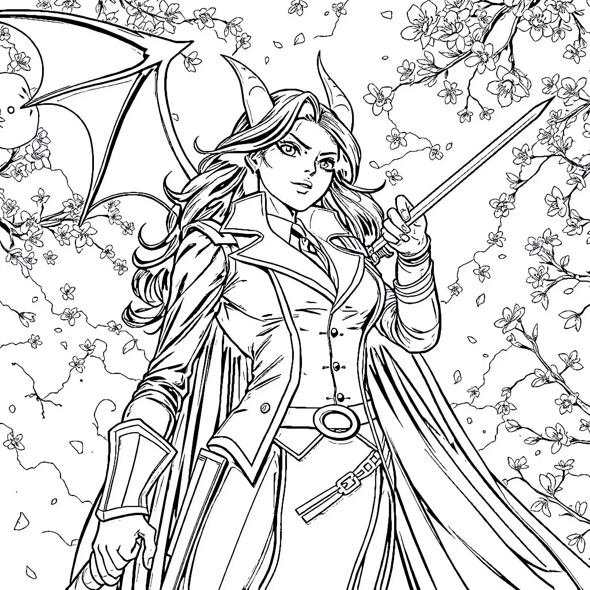 Demon Slayer Warrior Battles Fearsome Foes Amidst Blossoms Coloring Page (free black-and-white line drawing printable PDF for all, from beginners to advanced learners, including children, teens, adults, and seniors)