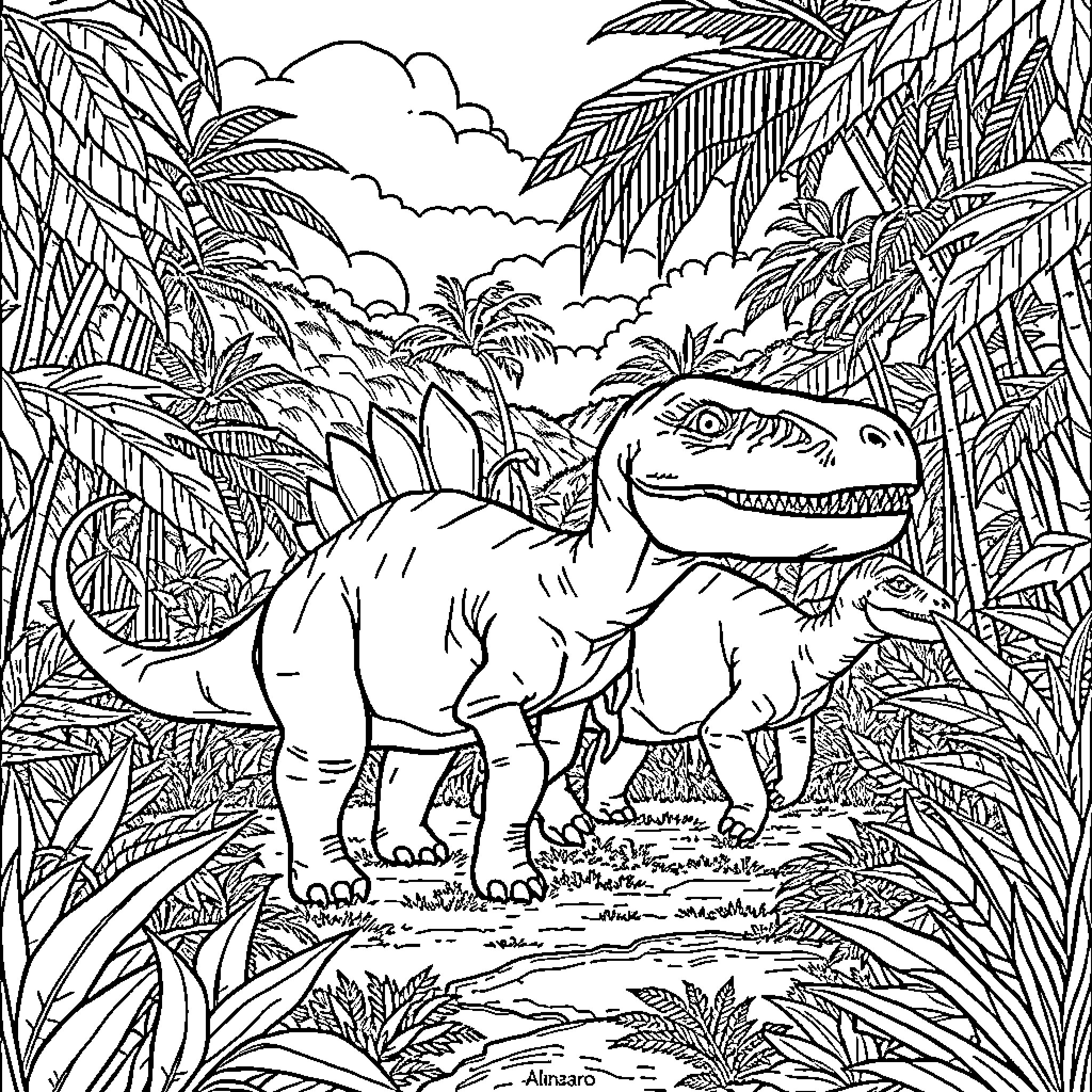 Dinosaur exploring lush, tropical landscape Coloring Page (free black-and-white line drawing printable PDF for all, from beginners to advanced learners, including children, teens, adults, and seniors)