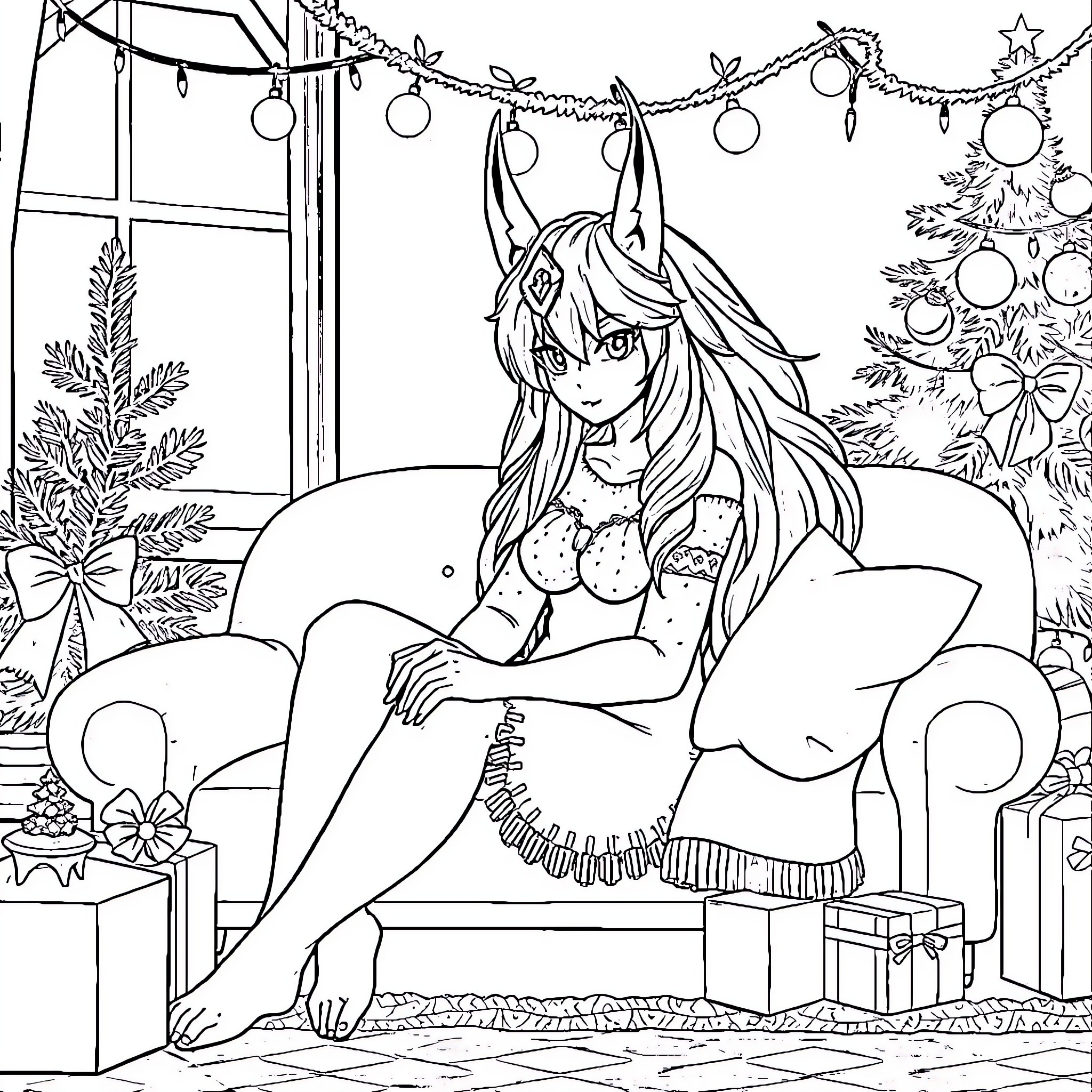 Princess Mononoke enjoying a cozy winter scene Coloring Page (free black-and-white line drawing printable PDF for all, from beginners to advanced learners, including children, teens, adults, and seniors)