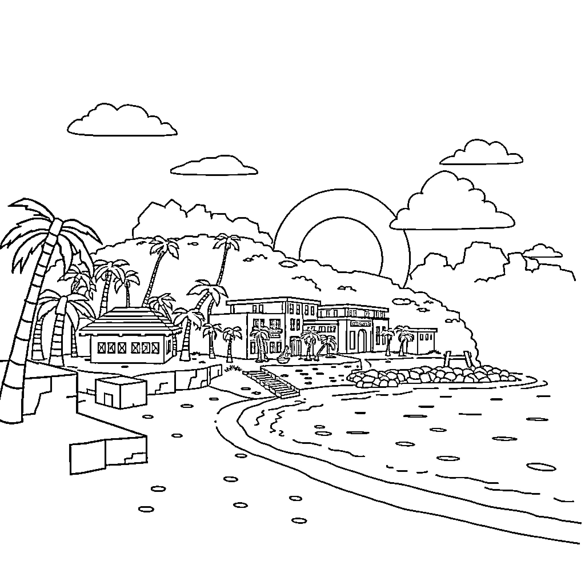 Puerto Rico coastal town scene with palm trees Coloring Page (free black-and-white line drawing printable PDF for all, from beginners to advanced learners, including children, teens, adults, and seniors)