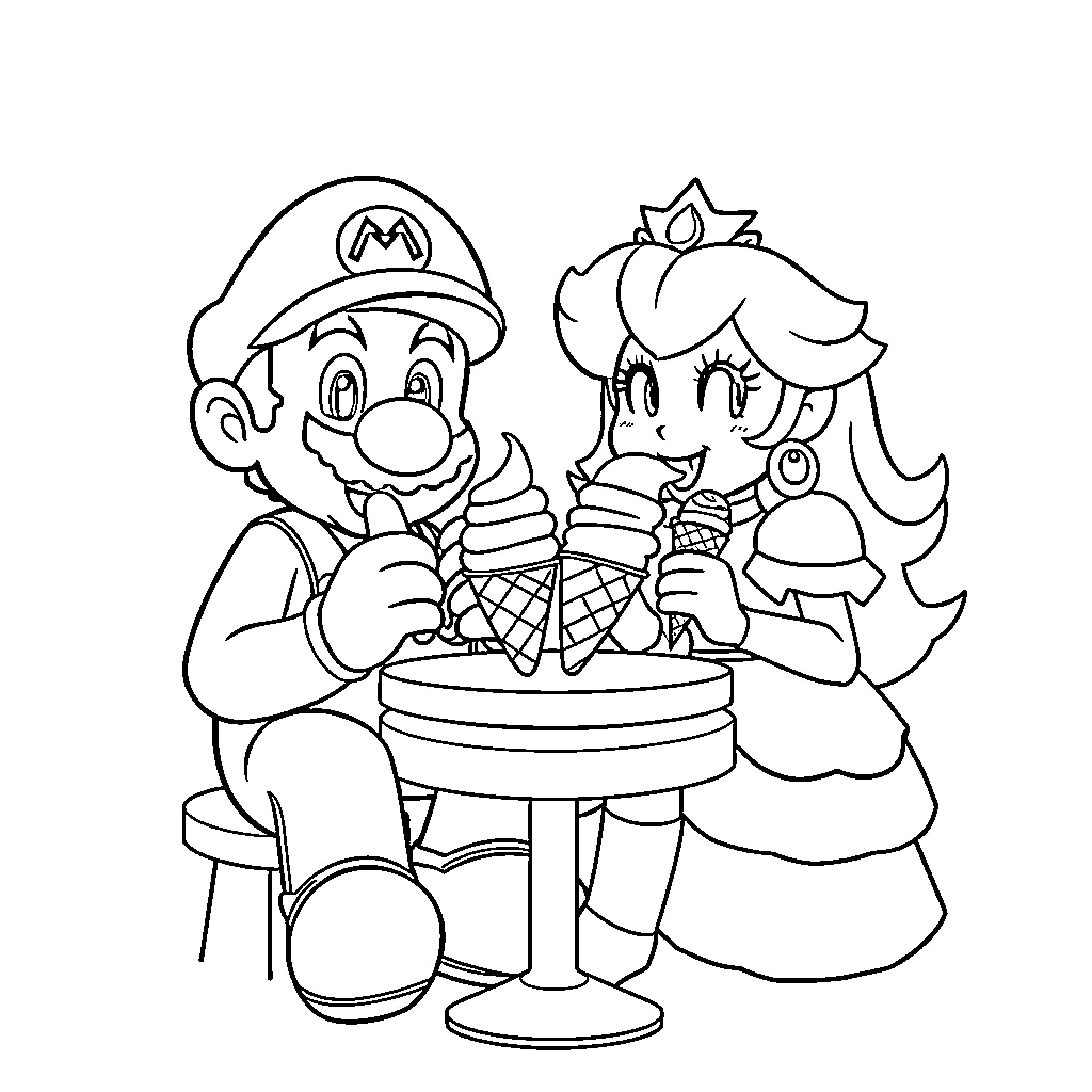 Mario and Princess Enjoying Ice Cream Together Coloring Page (free black-and-white line drawing printable PDF for all, from beginners to advanced learners, including children, teens, adults, and seniors)