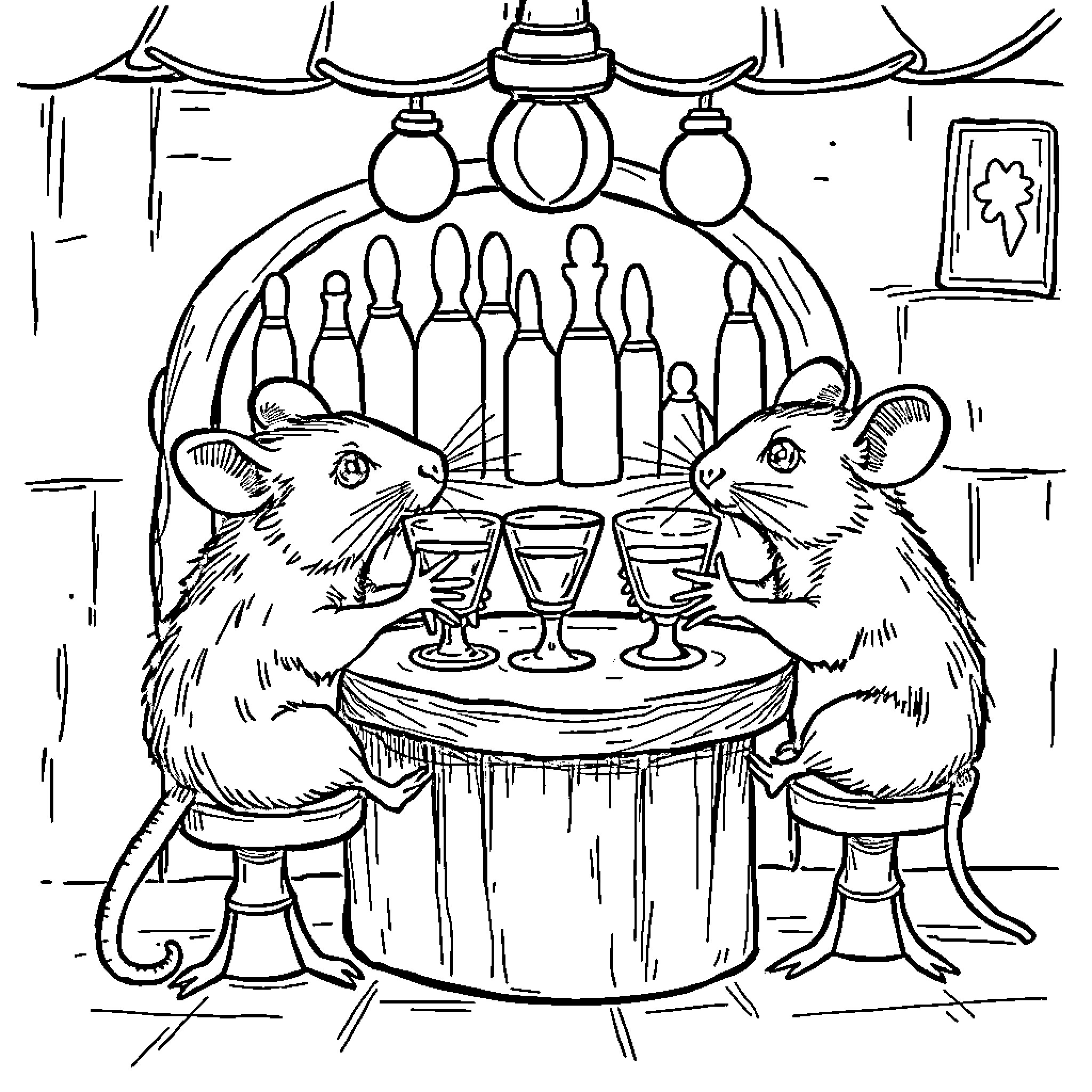 Rat Enjoying Drinks at a Bar Coloring Page (free black-and-white line drawing printable PDF for all, from beginners to advanced learners, including children, teens, adults, and seniors)