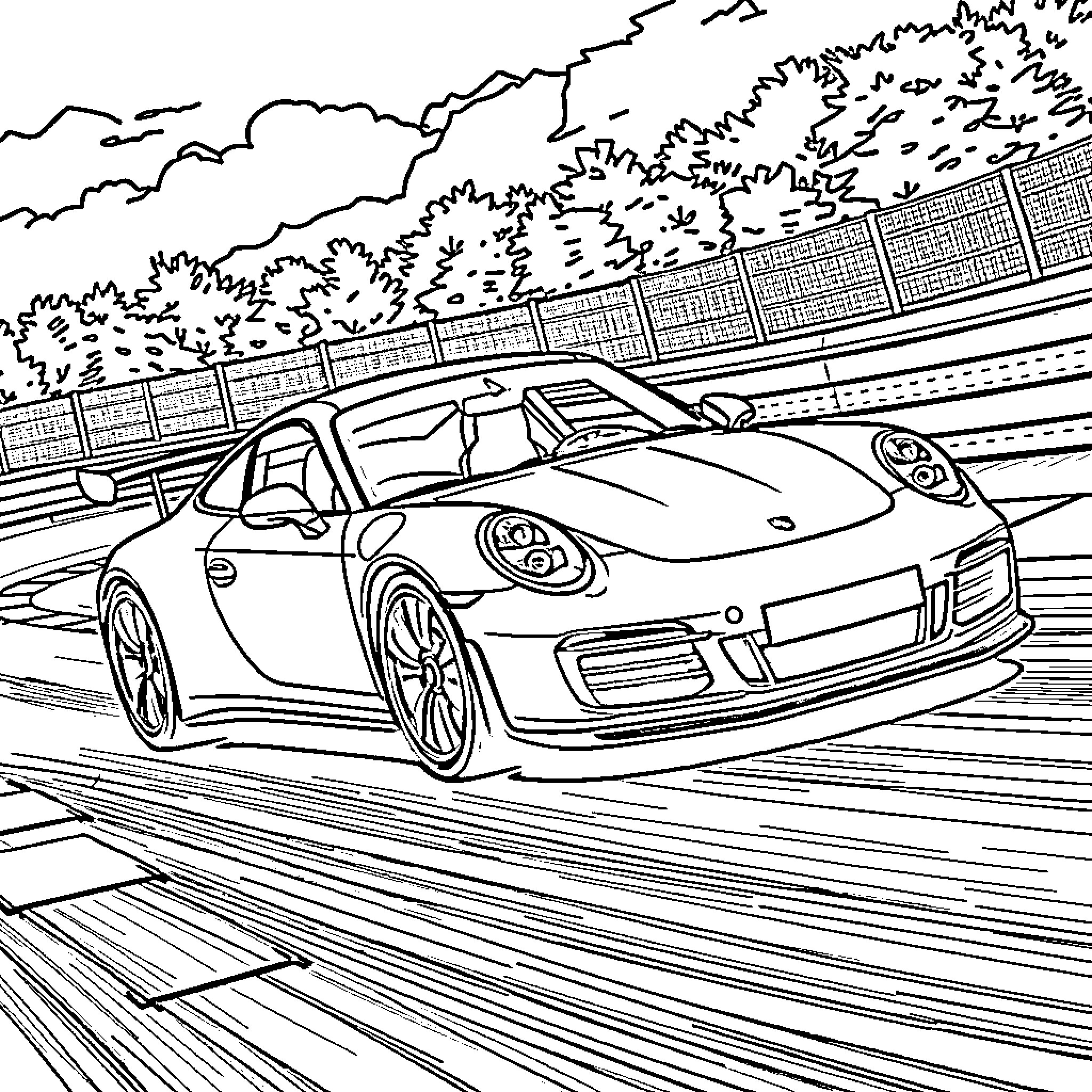 Porsche 911 racing on the track Coloring Page (free black-and-white line drawing printable PDF for all, from beginners to advanced learners, including children, teens, adults, and seniors)