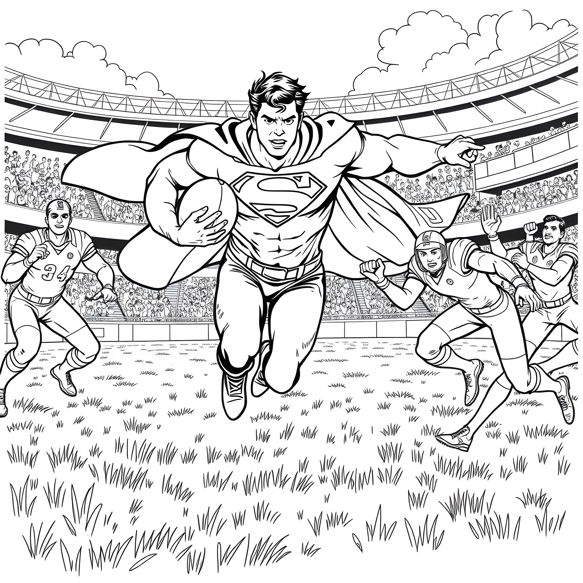 Superman leaping into action on a sports field Coloring Page (free black-and-white line drawing printable PDF for all, from beginners to advanced learners, including children, teens, adults, and seniors)