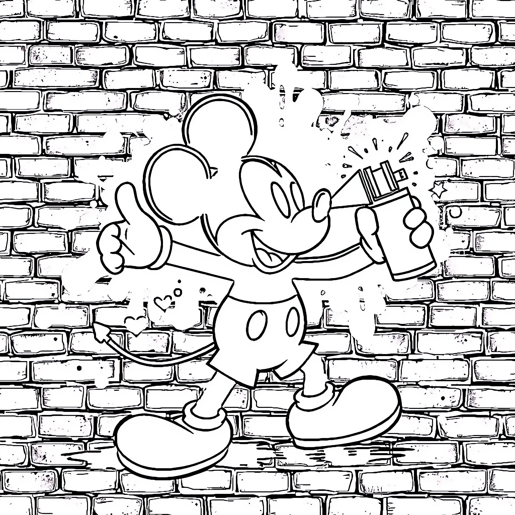 Mickey Mouse graffiti on brick wall Coloring Page (free black-and-white line drawing printable PDF for all, from beginners to advanced learners, including children, teens, adults, and seniors)