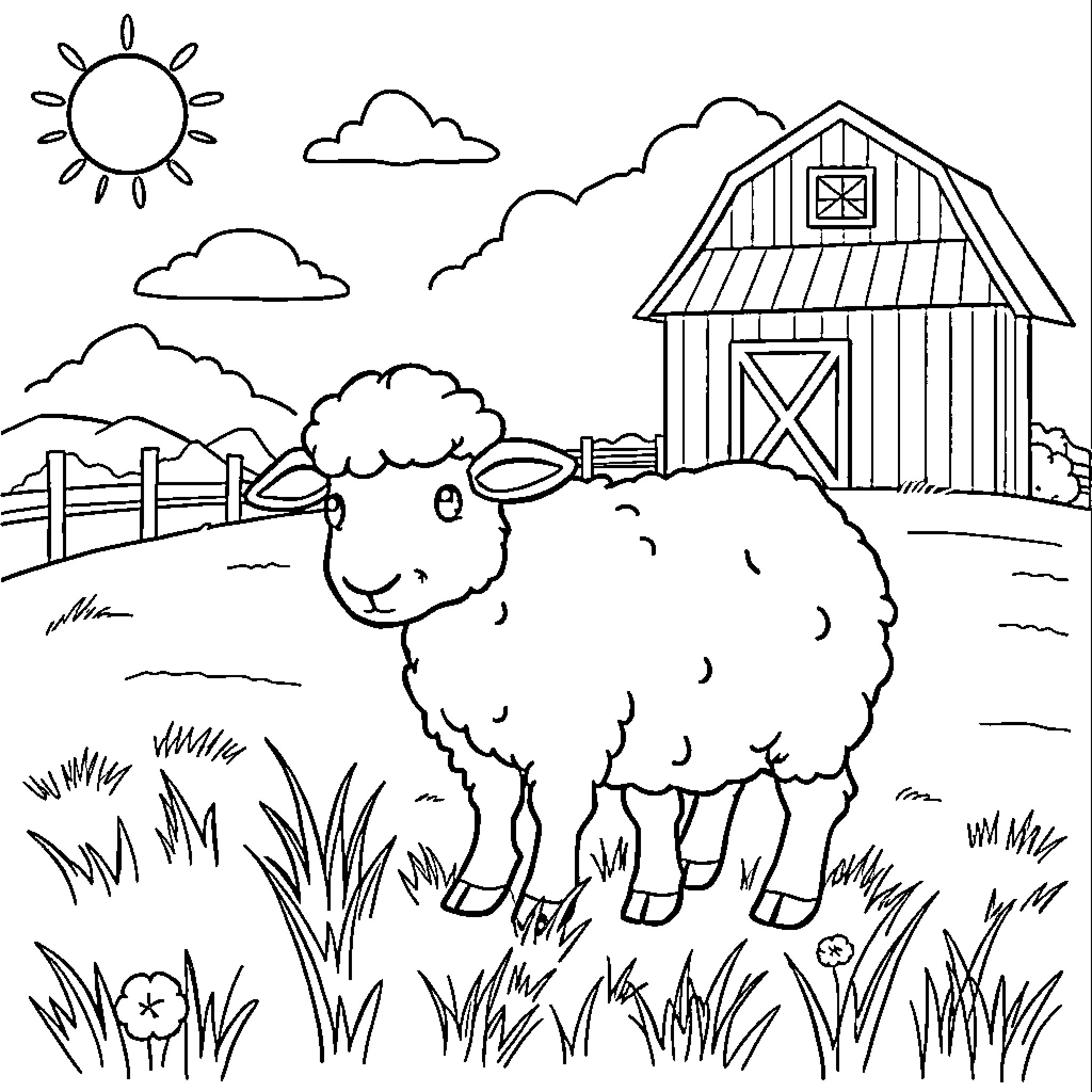 Sheep grazing peacefully on a farm Coloring Page (free black-and-white line drawing printable PDF for all, from beginners to advanced learners, including children, teens, adults, and seniors)
