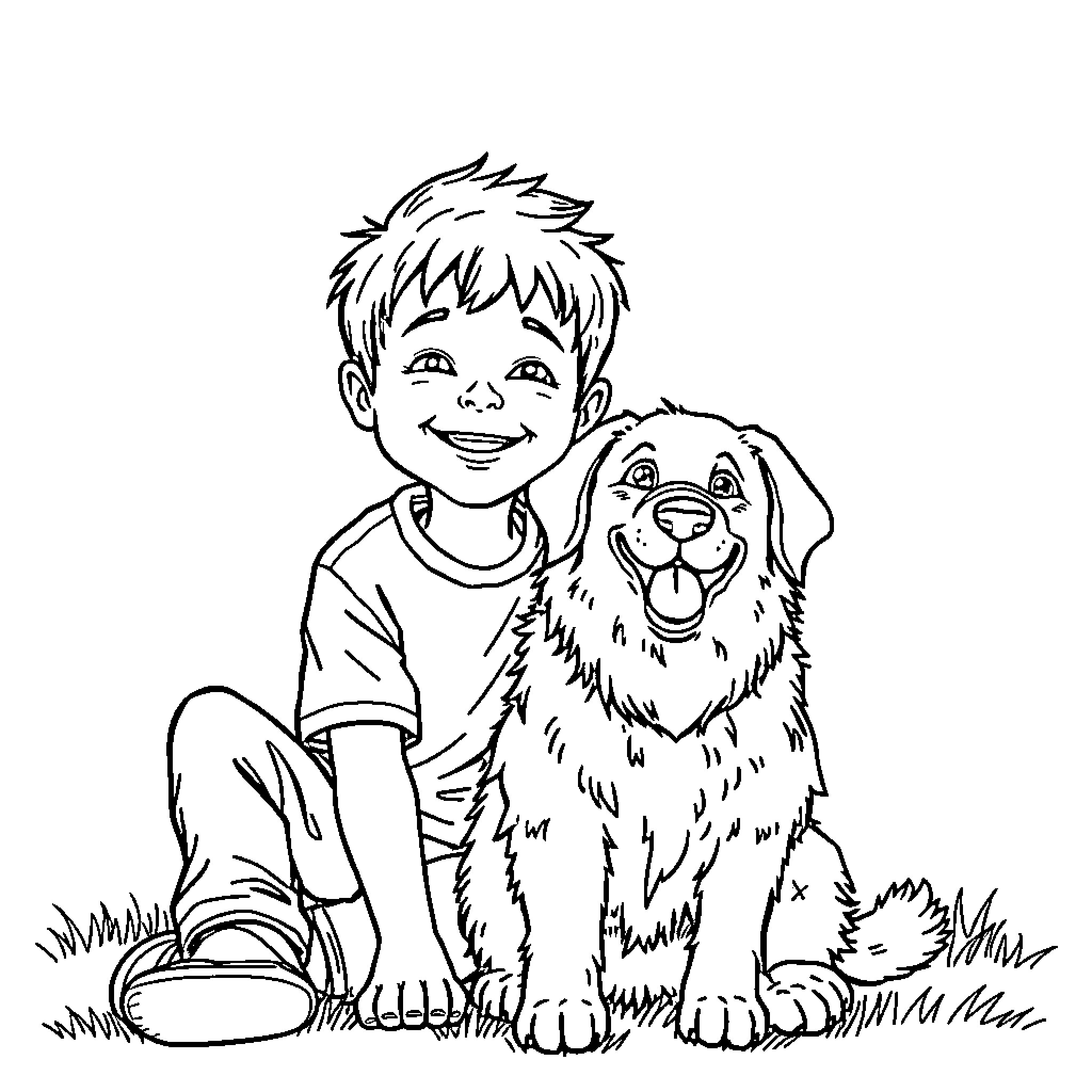 Boy Happily Playing with Loyal Companion Dog Coloring Page (free black-and-white line drawing printable PDF for all, from beginners to advanced learners, including children, teens, adults, and seniors)