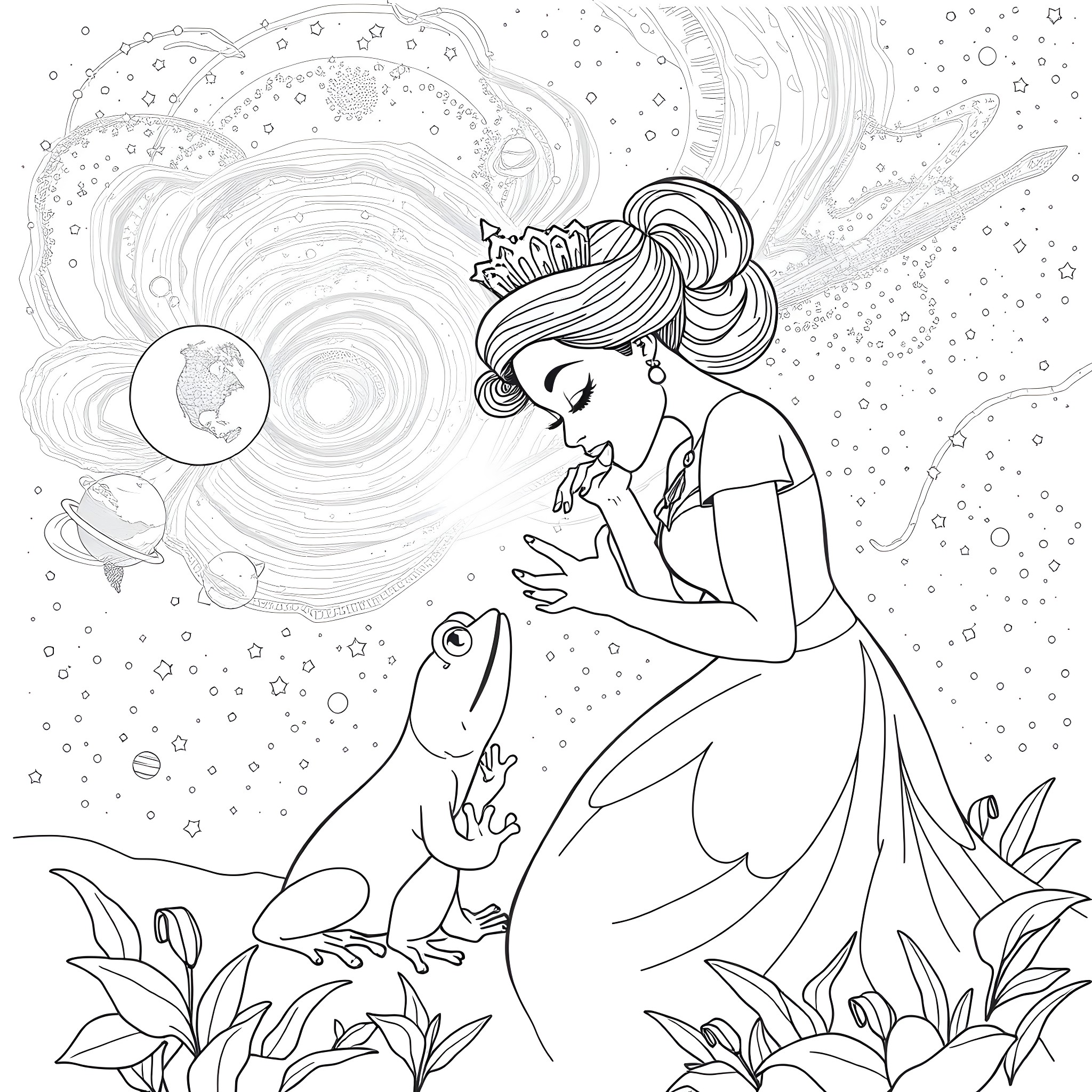 Princess Tiana's enchanting encounter with a magical frog Coloring Page (free black-and-white line drawing printable PDF for all, from beginners to advanced learners, including children, teens, adults, and seniors)