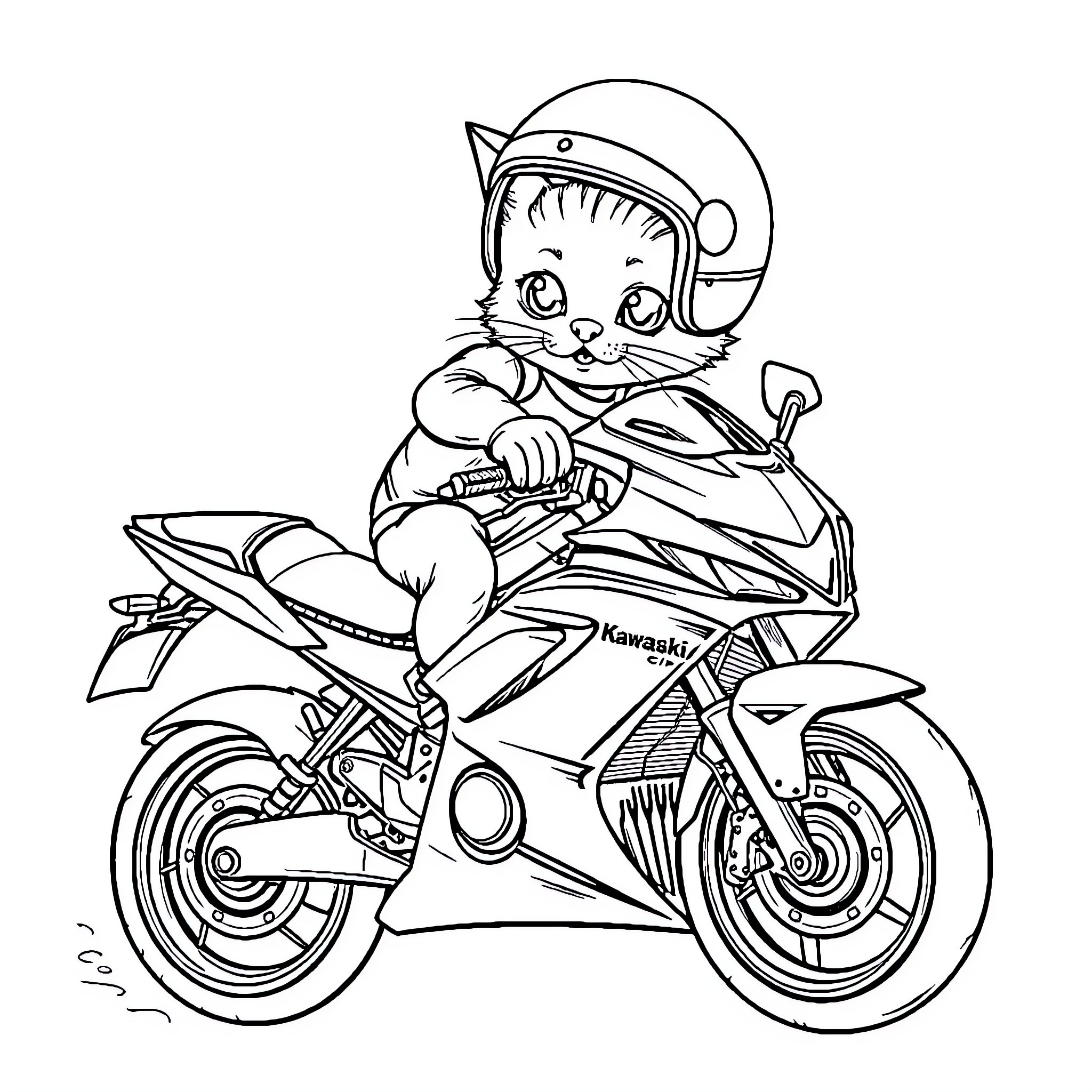 Cat riding motorcycle in helmet Coloring Page (free black-and-white line drawing printable PDF for all, from beginners to advanced learners, including children, teens, adults, and seniors)