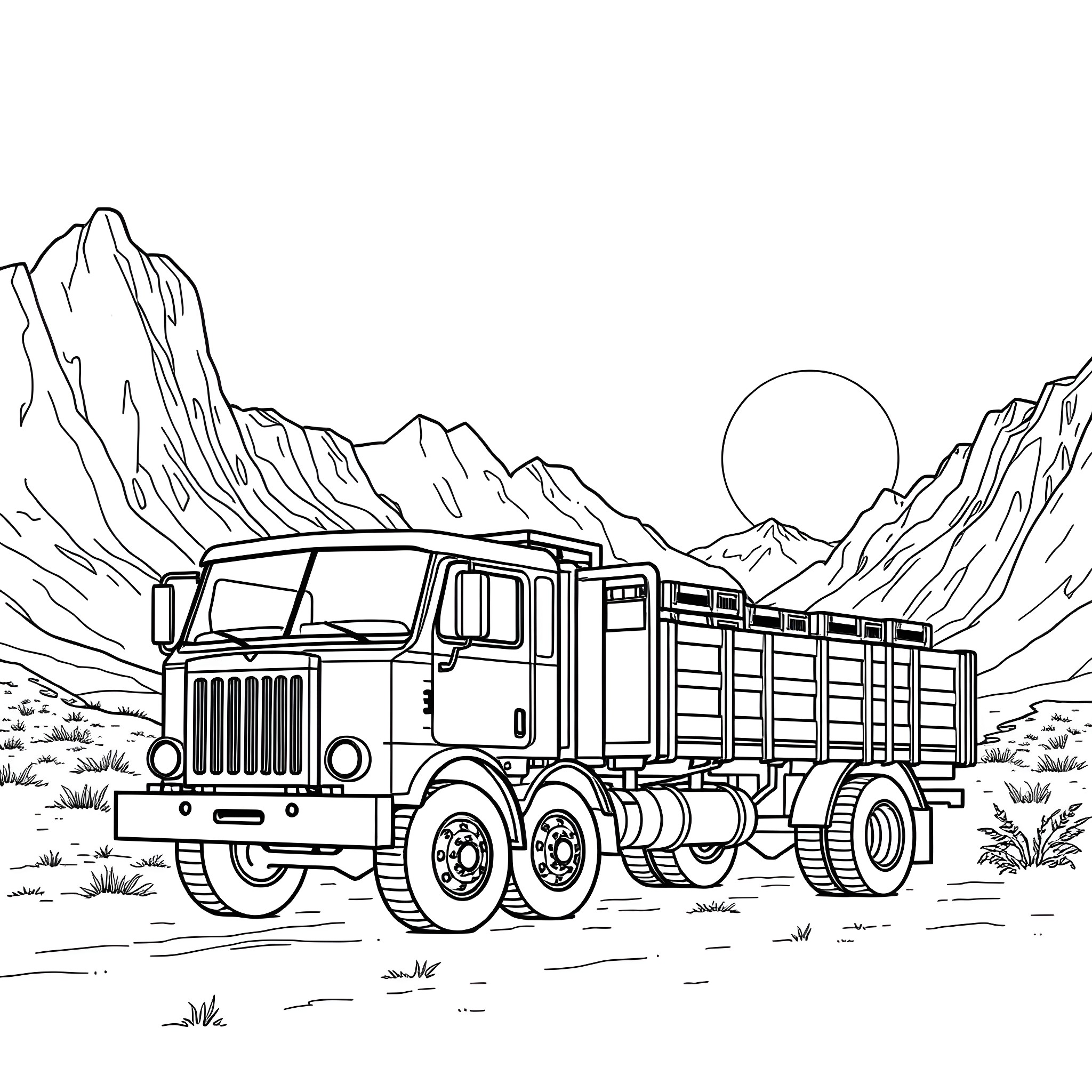 Truck transporting cargo through rugged landscape Coloring Page (free black-and-white line drawing printable PDF for all, from beginners to advanced learners, including children, teens, adults, and seniors)