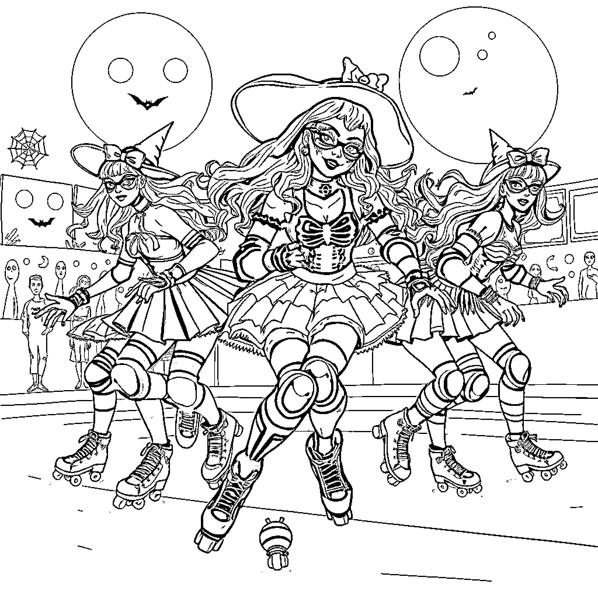 Roller Derby Fierce Competition and Camaraderie Coloring Page (free black-and-white line drawing printable PDF for all, from beginners to advanced learners, including children, teens, adults, and seniors)