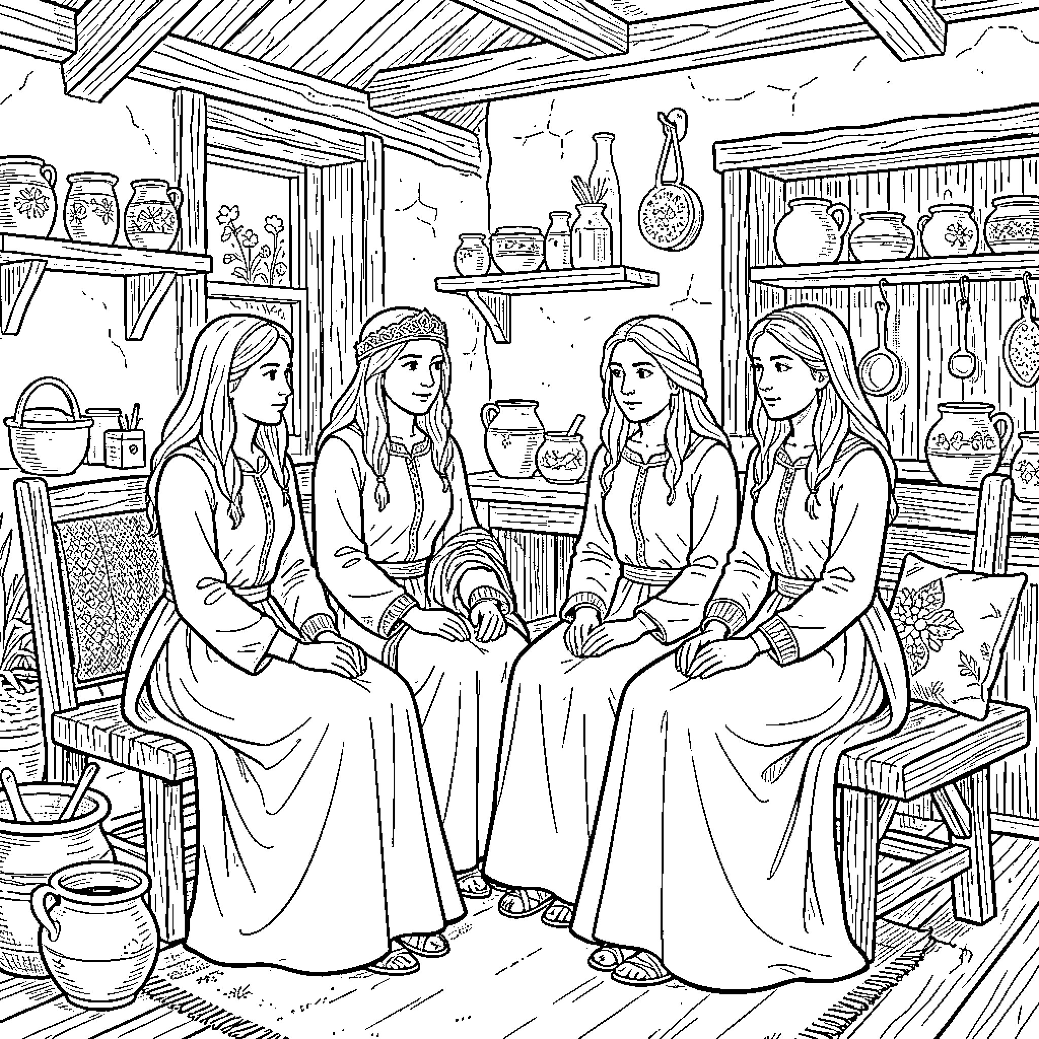 Anglo Saxon Women Gathered in Traditional Homestead Coloring Page (free black-and-white line drawing printable PDF for all, from beginners to advanced learners, including children, teens, adults, and seniors)