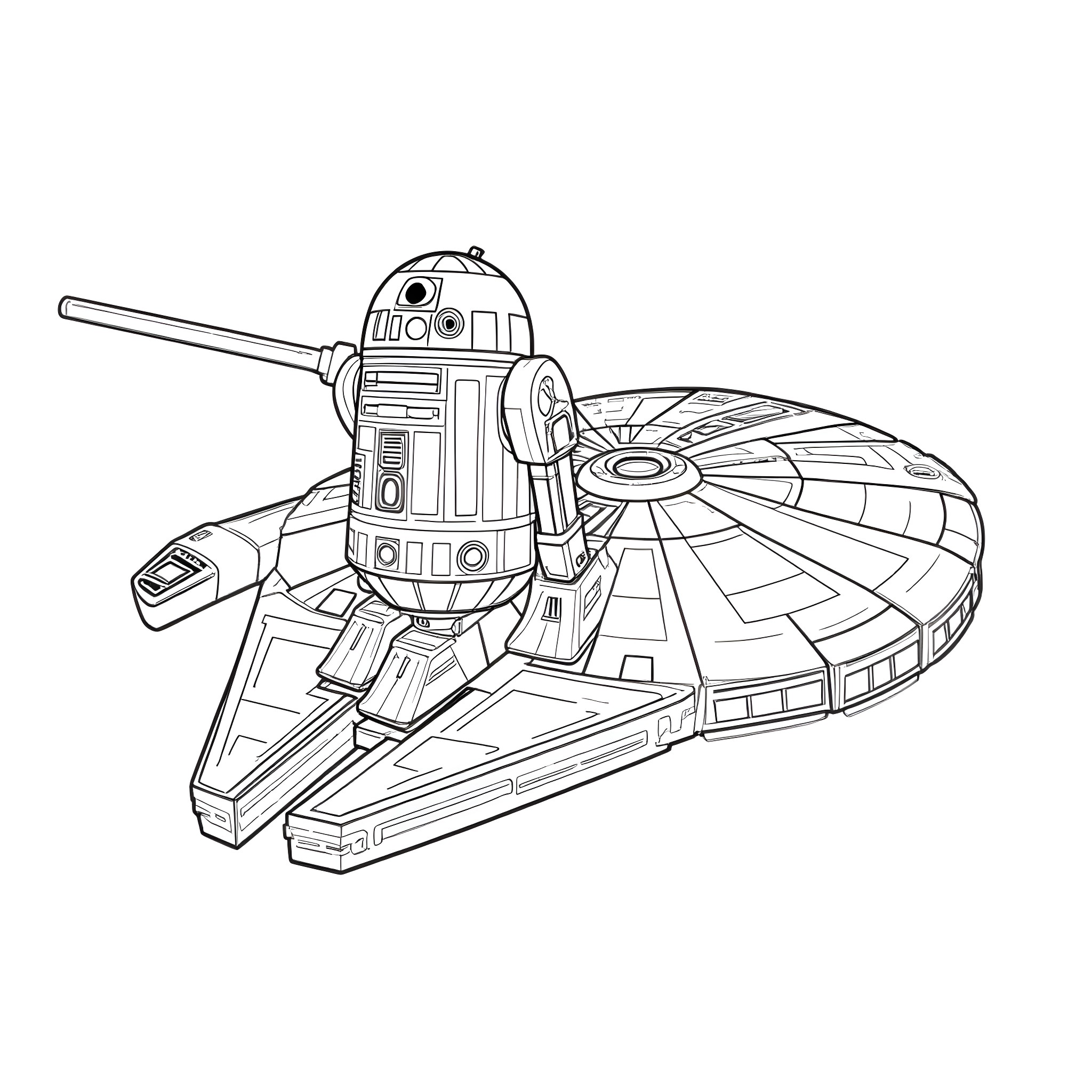 R2-D2 flying his starship with robotic arms Coloring Page (free black-and-white line drawing printable PDF for all, from beginners to advanced learners, including children, teens, adults, and seniors)