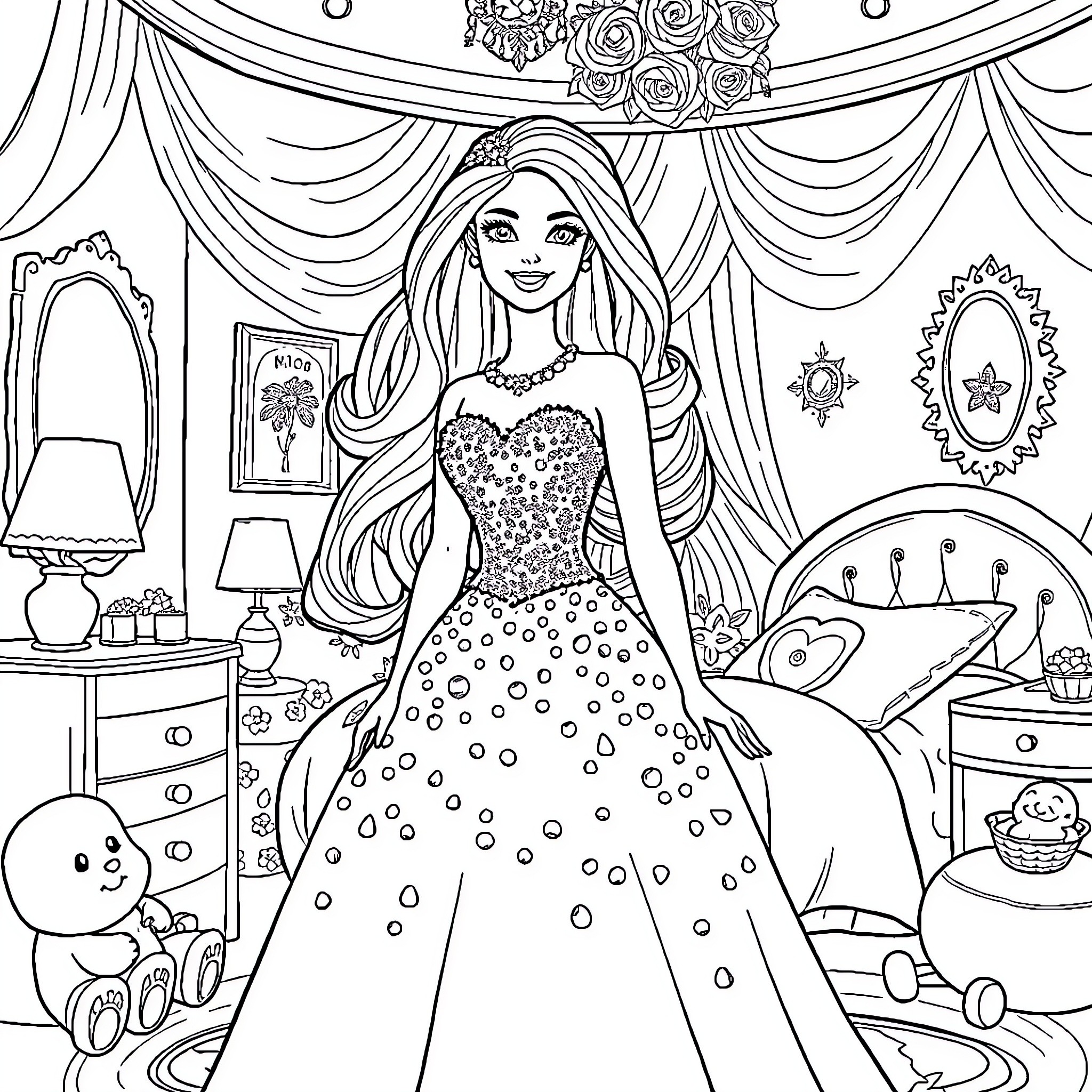 Barbie in a Glamorous Ballroom Setting Coloring Page (free black-and-white line drawing printable PDF for all, from beginners to advanced learners, including children, teens, adults, and seniors)