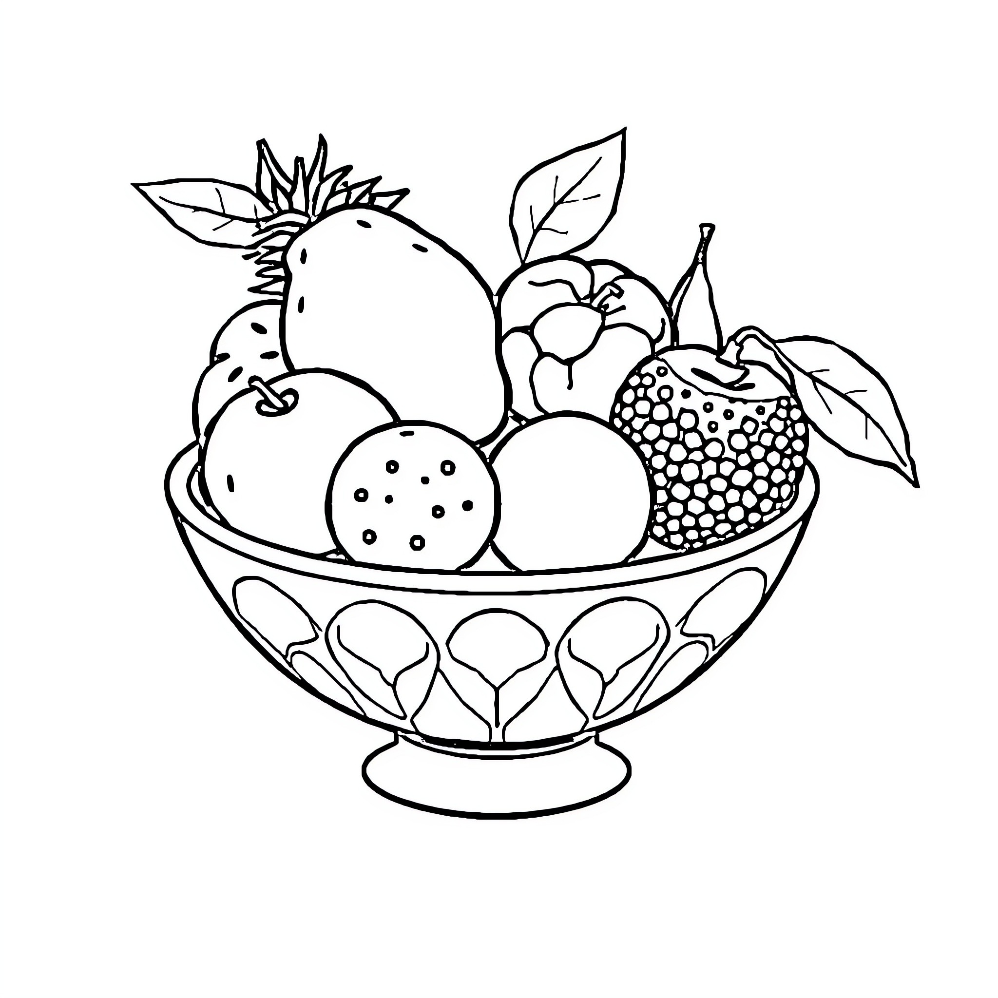Fruit bowl filled with assorted produce Coloring Page (free black-and-white line drawing printable PDF for all, from beginners to advanced learners, including children, teens, adults, and seniors)